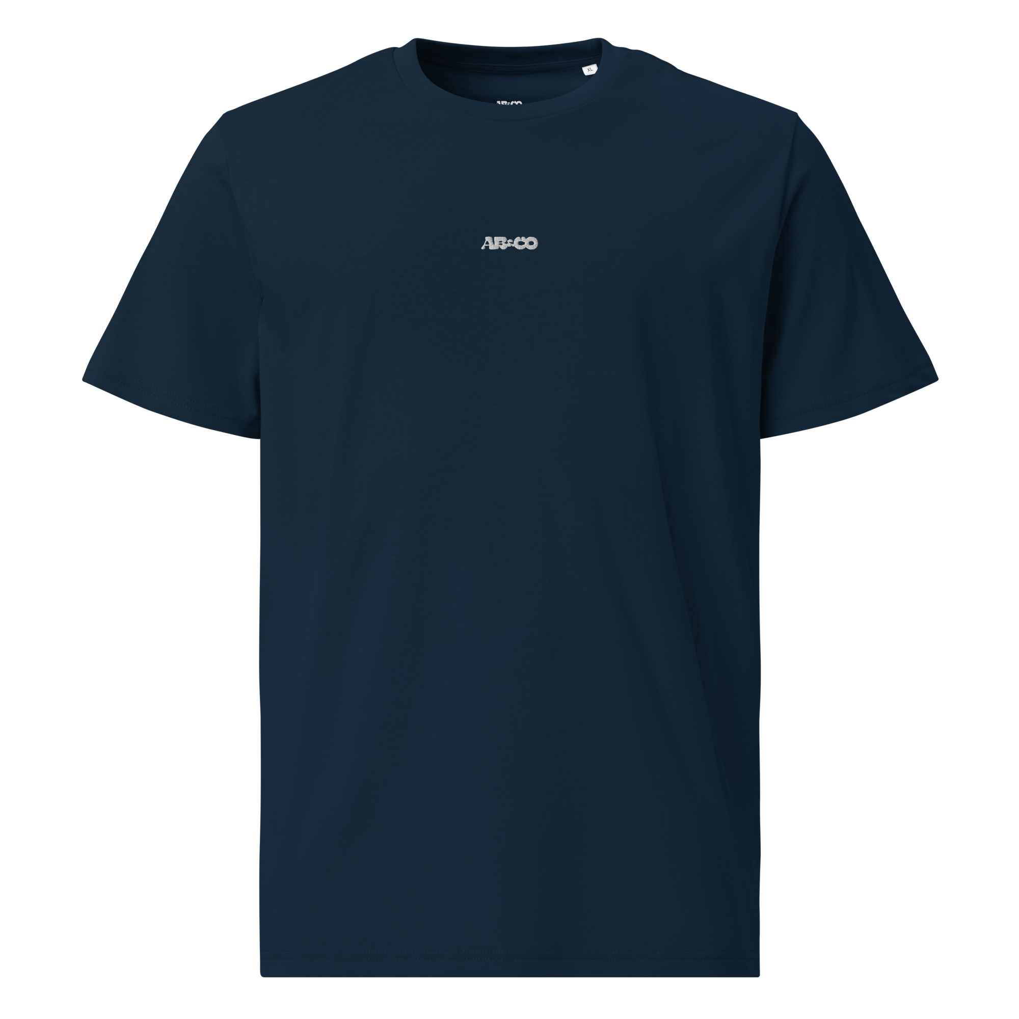 A navy blue t-shirt with 'AB&CO' embroidered in white on the chest.