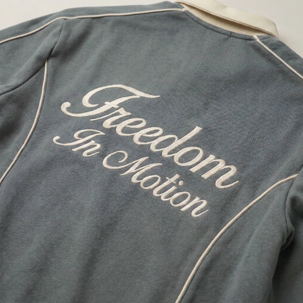 'Freedom In Motion' back embroidery, slate grey polo