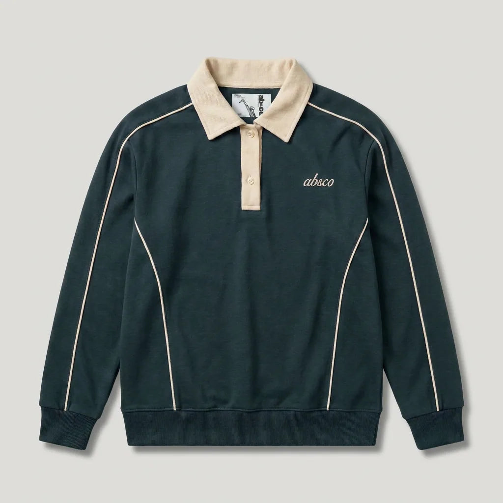 Peacock teal After Hours long sleeve polo, front with cream collar