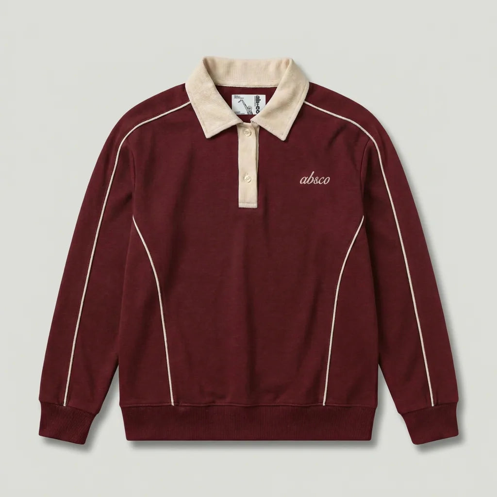 Pomegranate red After Hours long sleeve polo, front with cream collar