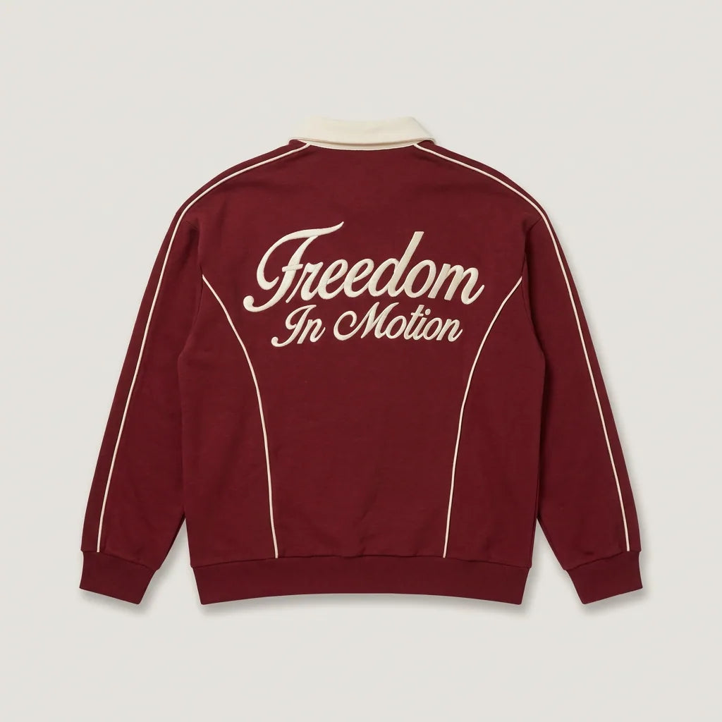 Pomegranate red After Hours polo back, 'Freedom In Motion' embroidery