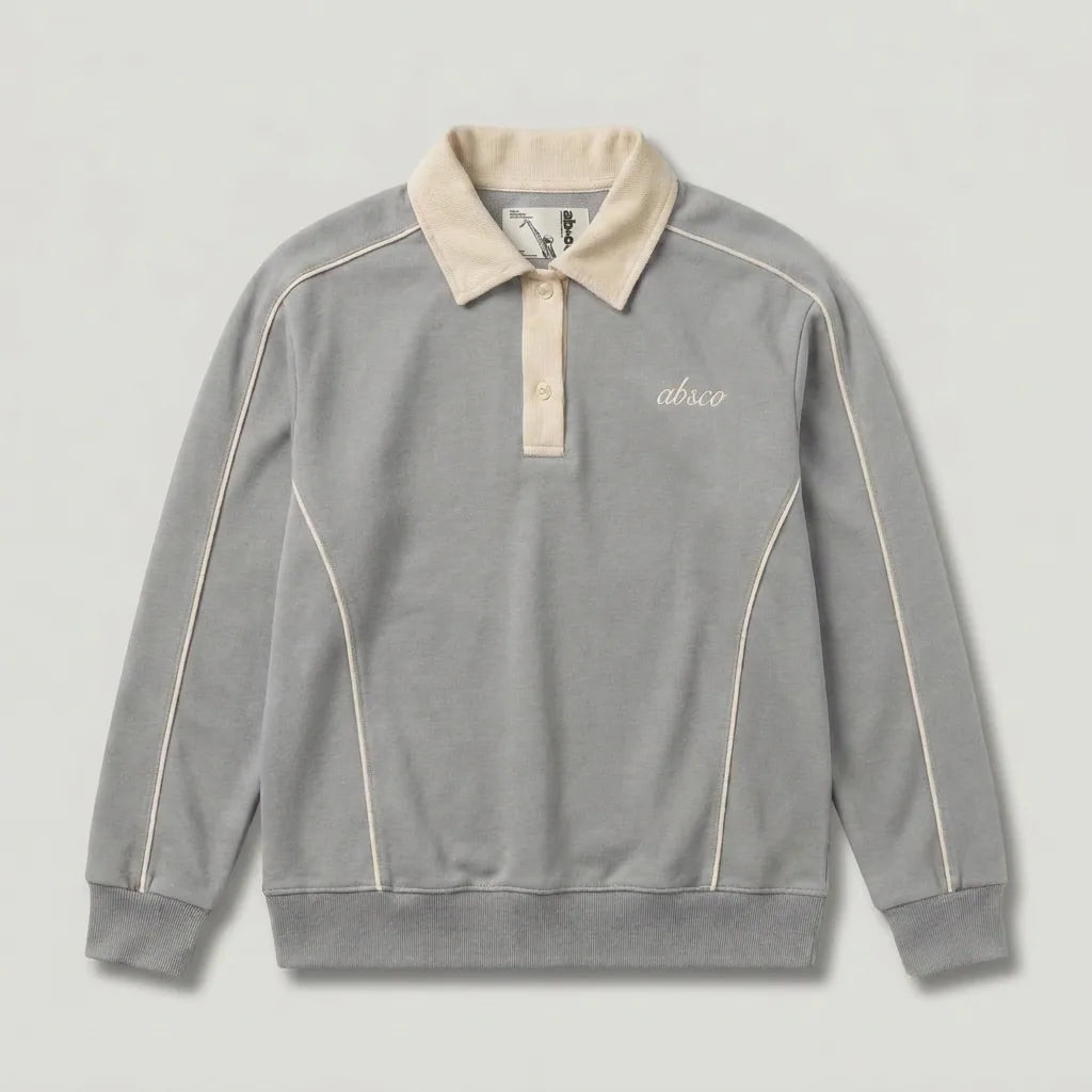 Slate grey After Hours long sleeve polo, front with cream collar