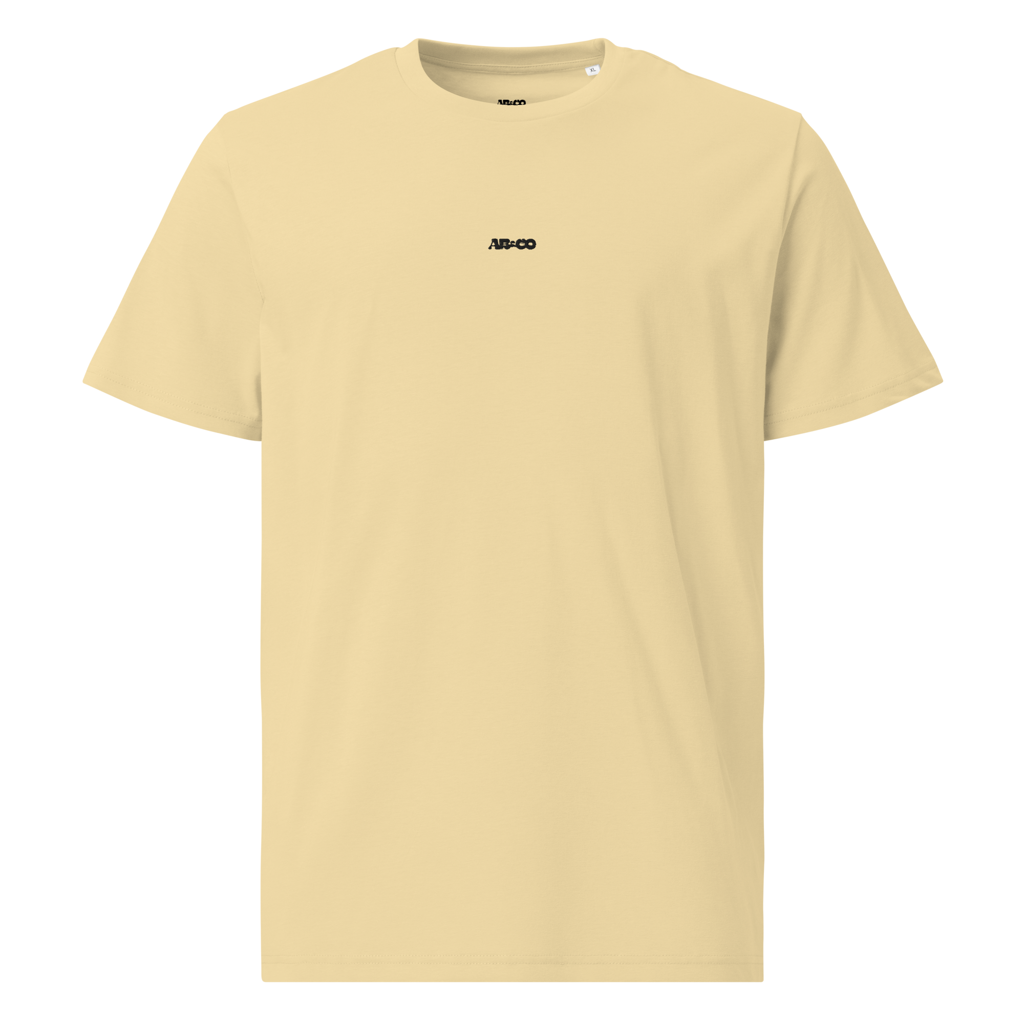 butter premium cotton t-shirt with black embroidered logo, classic unisex tee, front view