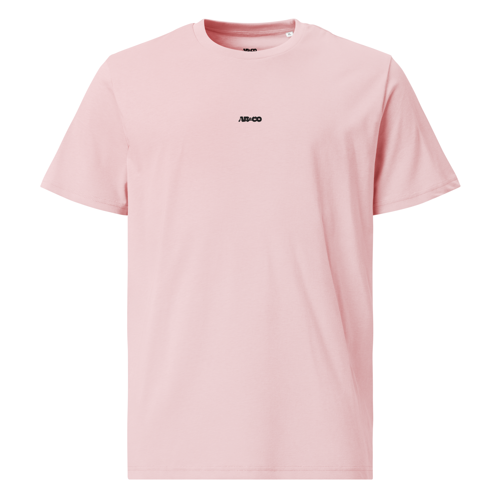 pink premium cotton t-shirt with black embroidered logo, classic unisex tee, front view