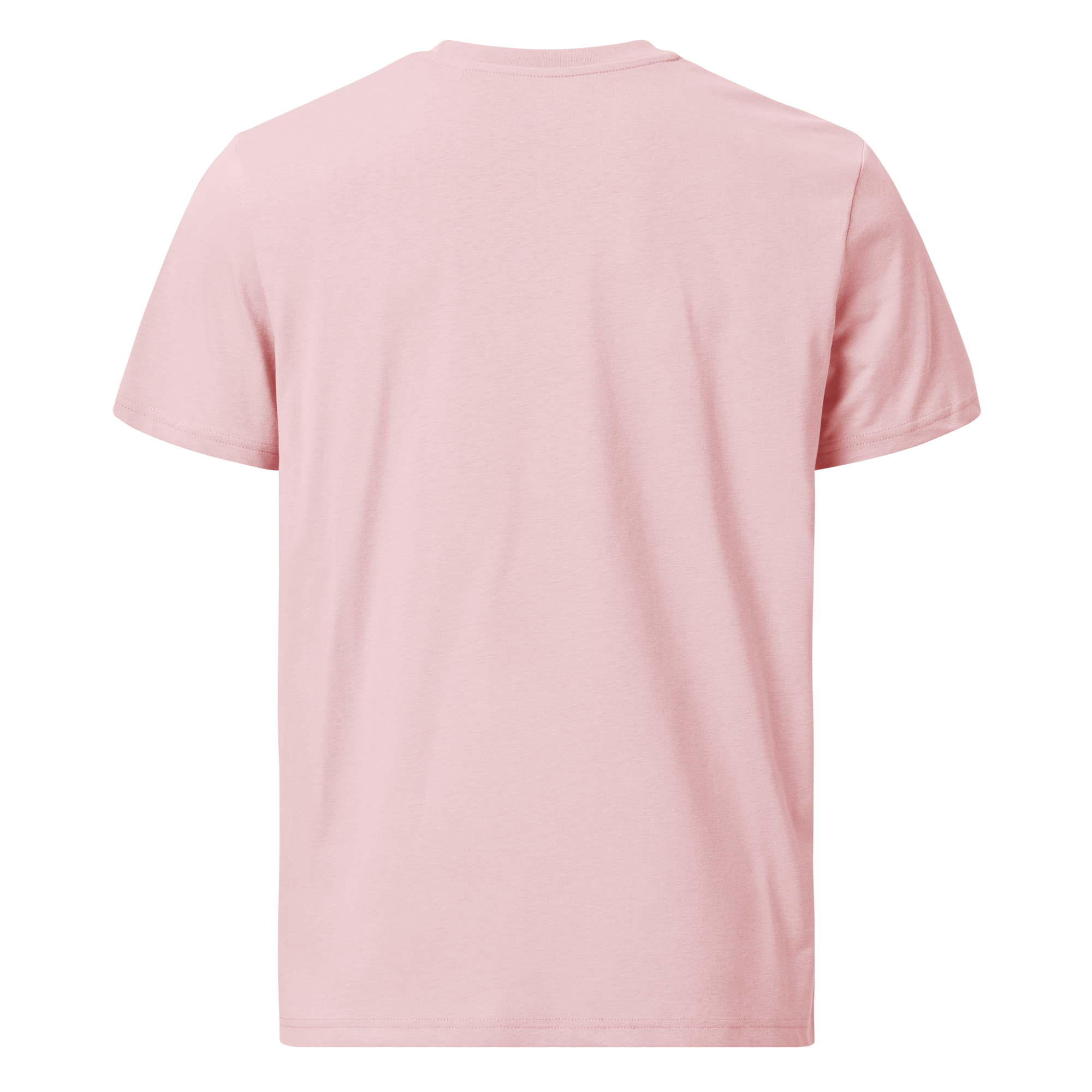 pink premium cotton t-shirt with black embroidered logo, classic unisex tee, front view