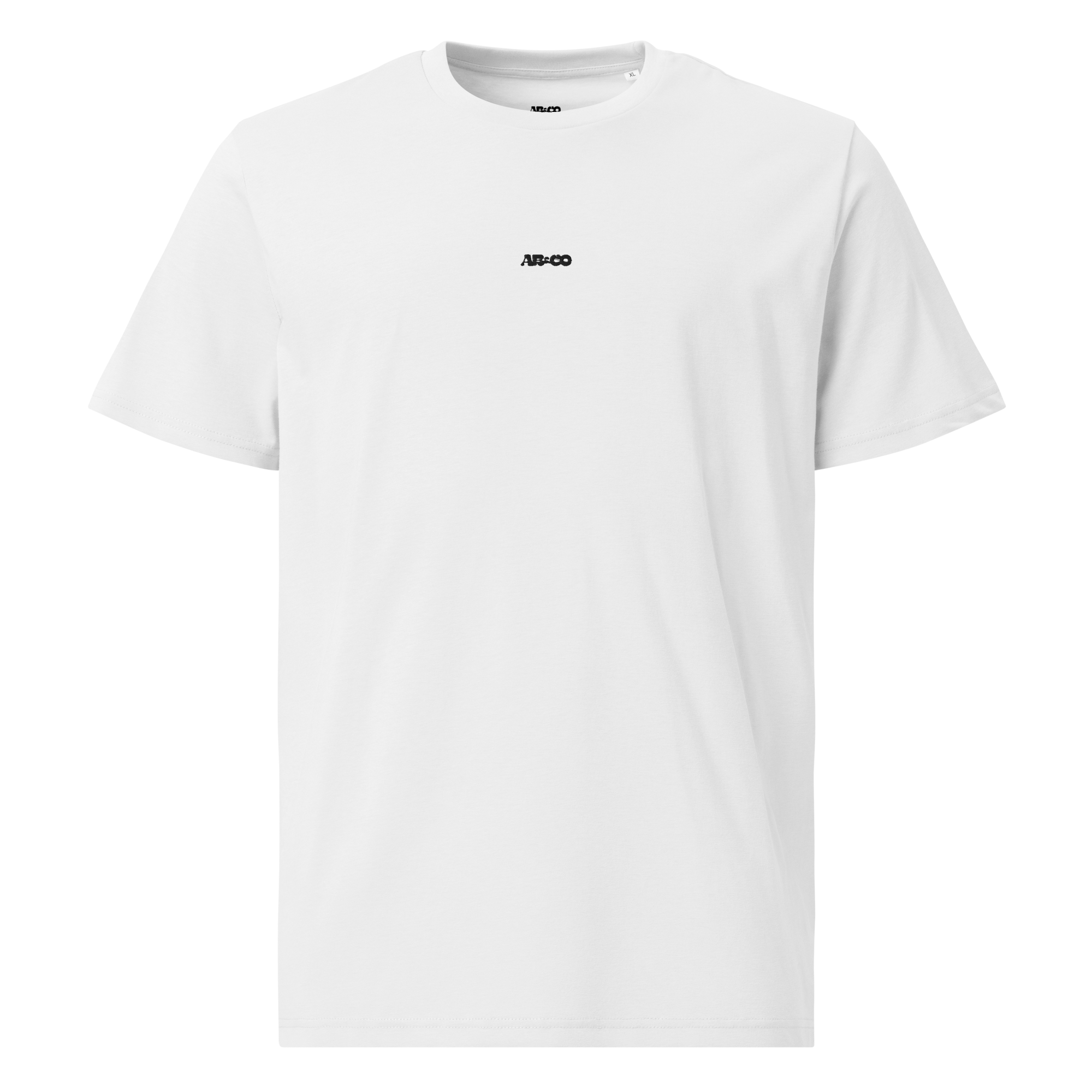 white premium cotton t-shirt with black embroidered logo, classic unisex tee, front view