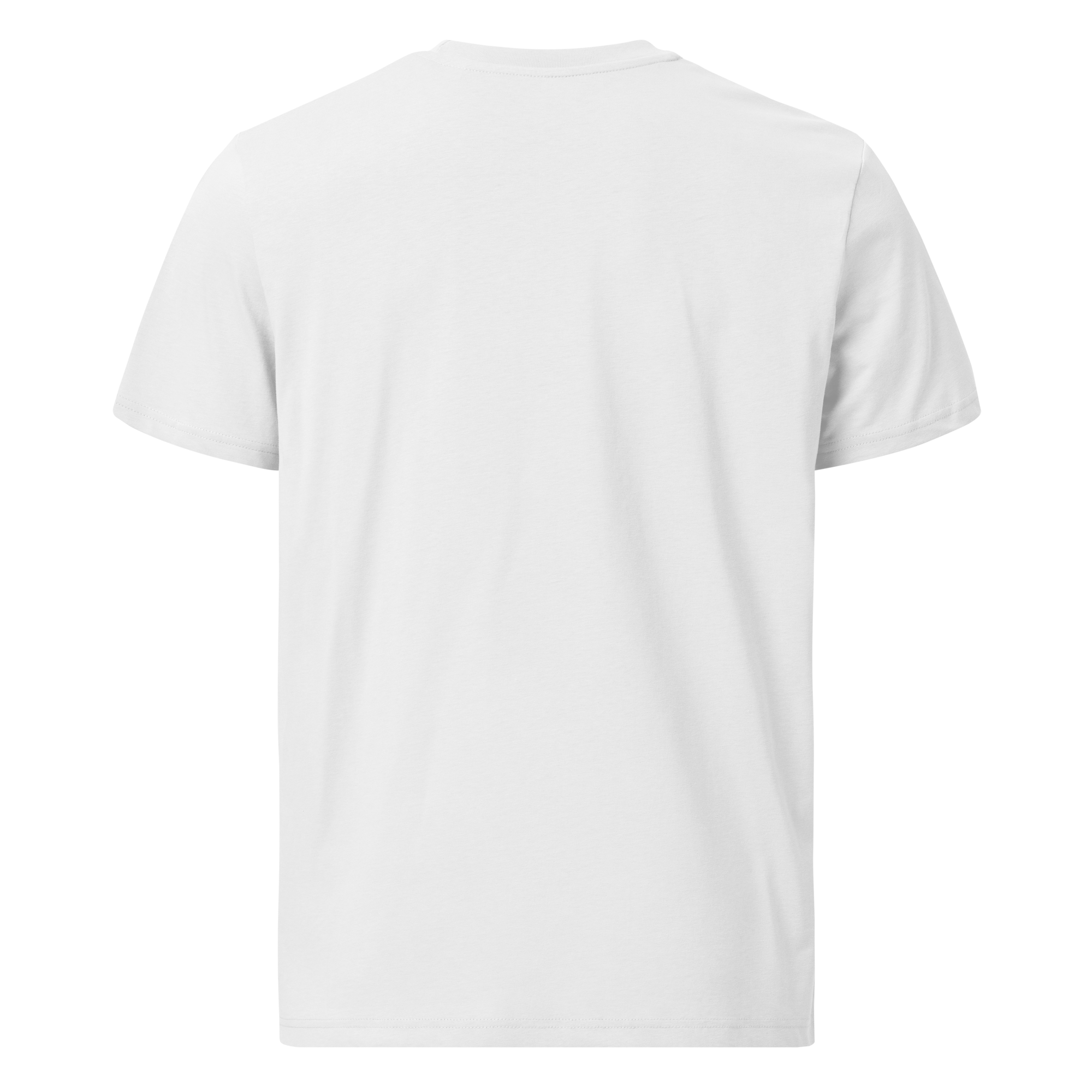 white premium cotton t-shirt with black embroidered logo, classic unisex tee, front view