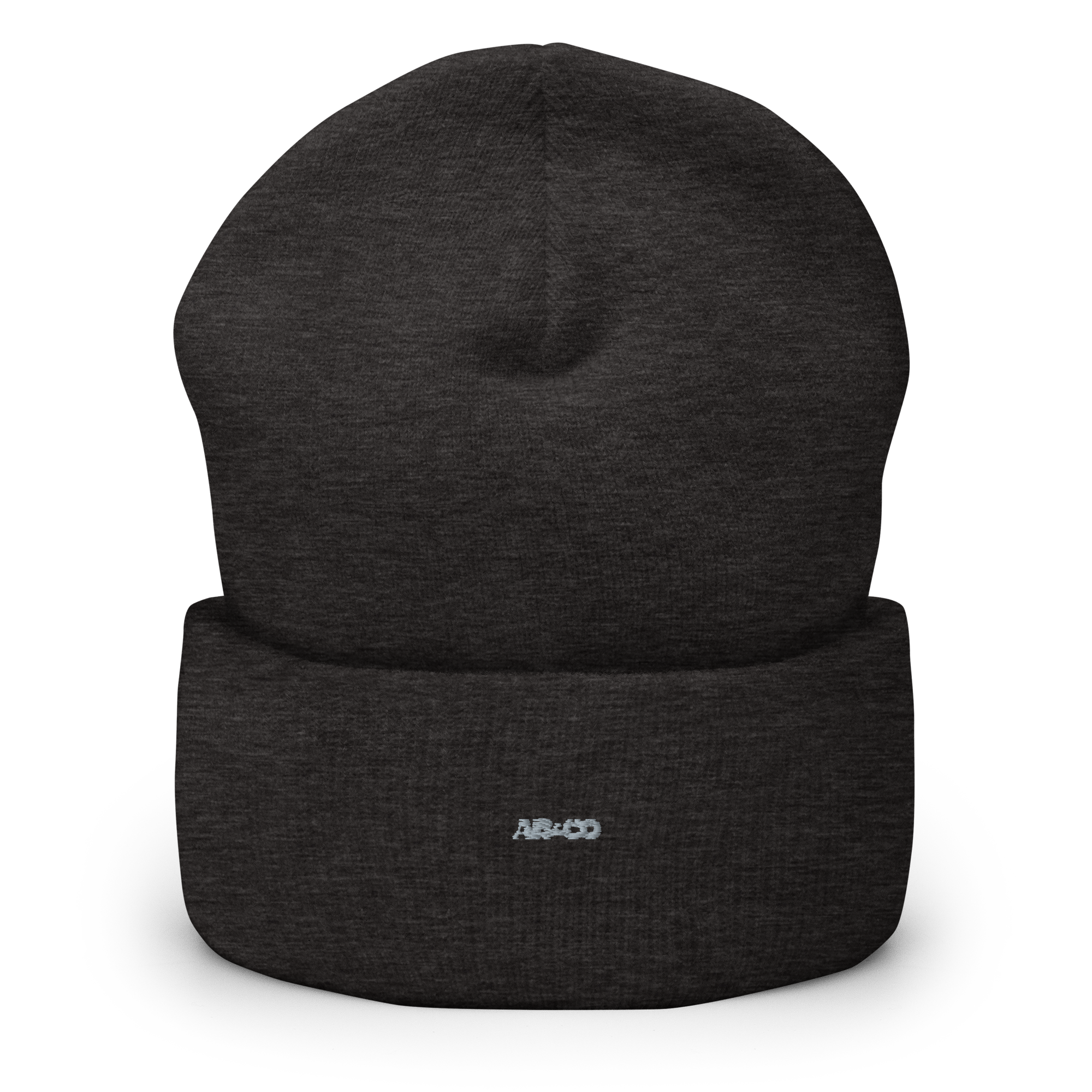 Embroidered cuffed beanie in charcoal gray with folded cuff and logo