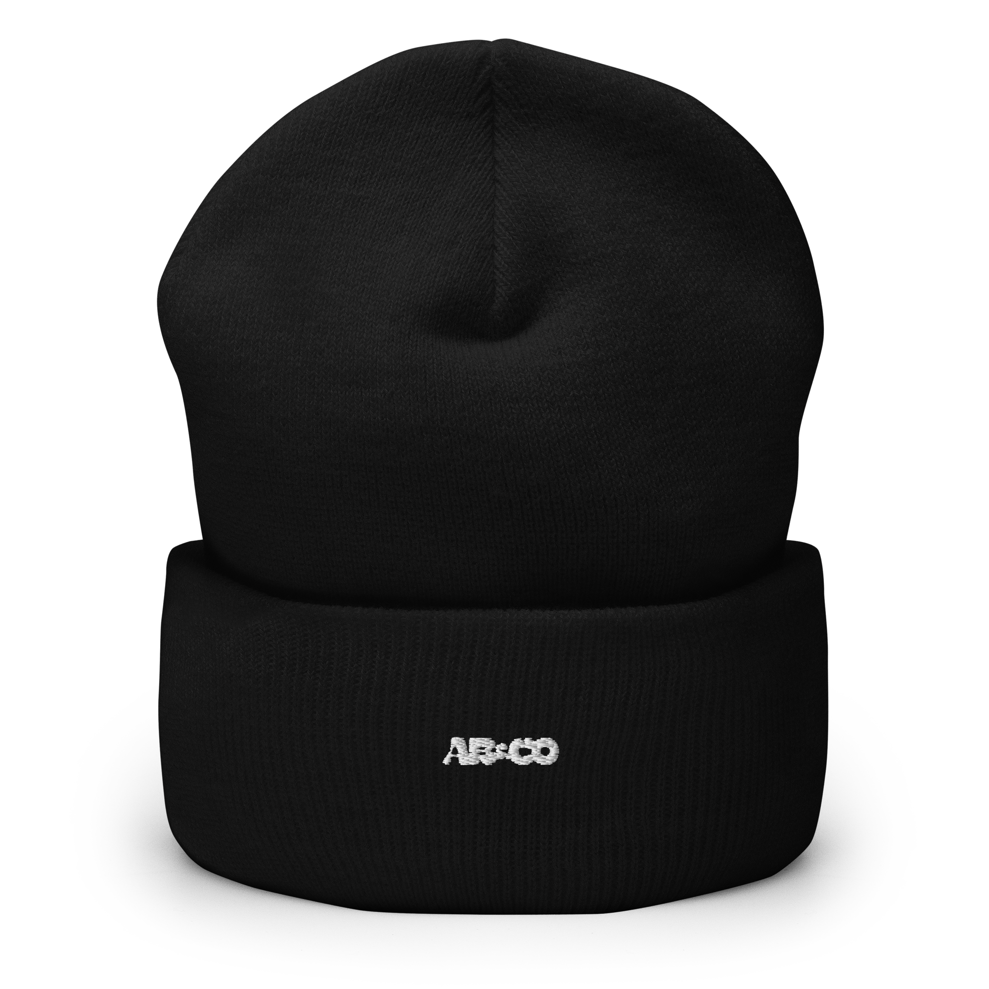 Cuffed knit beanie in Black with embroidered logo, soft ribbed texture, designed for warmth and everyday streetwear.
