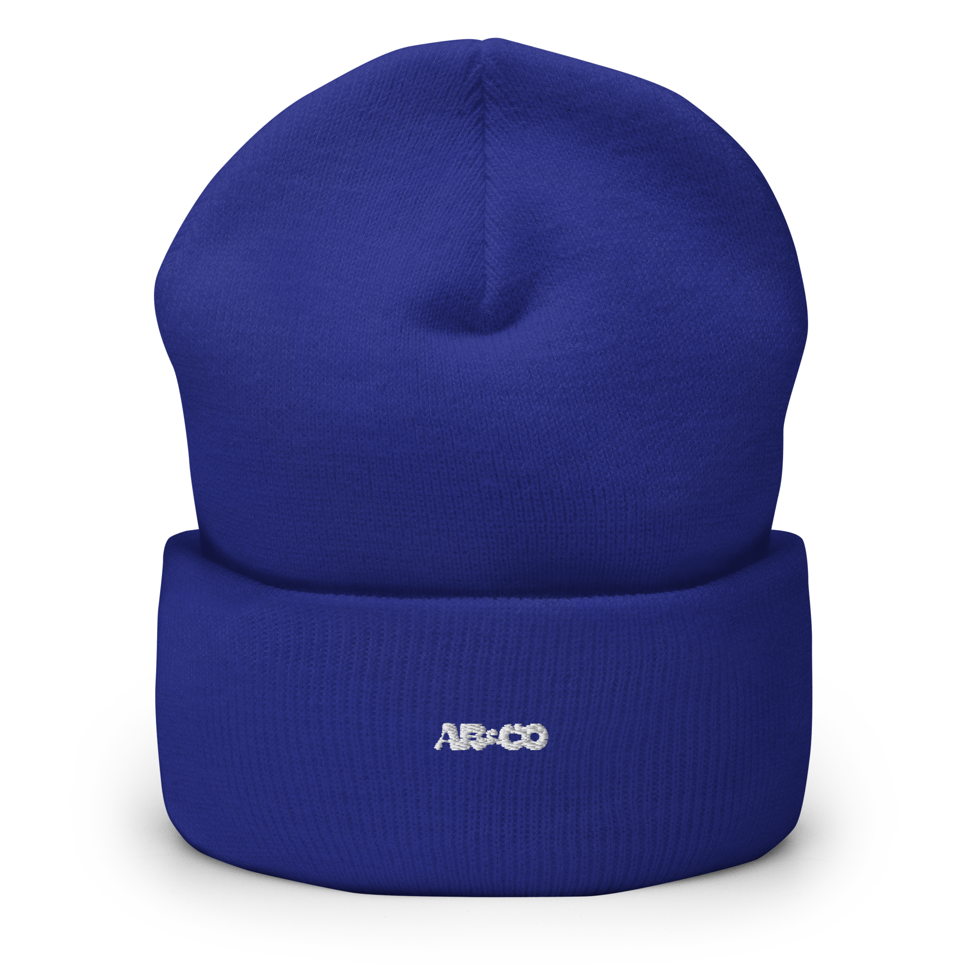 “Cuffed knit beanie in Blue with embroidered logo, soft ribbed texture, designed for warmth and everyday streetwear.