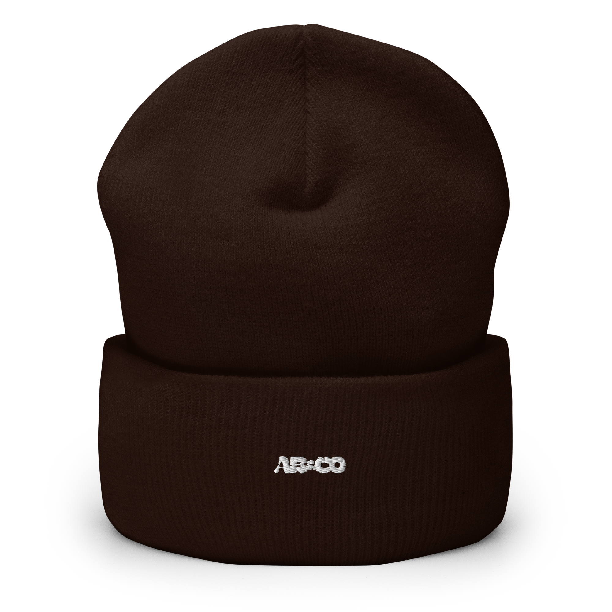 Cuffed knit beanie in Brown with embroidered logo, soft ribbed texture, designed for warmth and everyday streetwear.