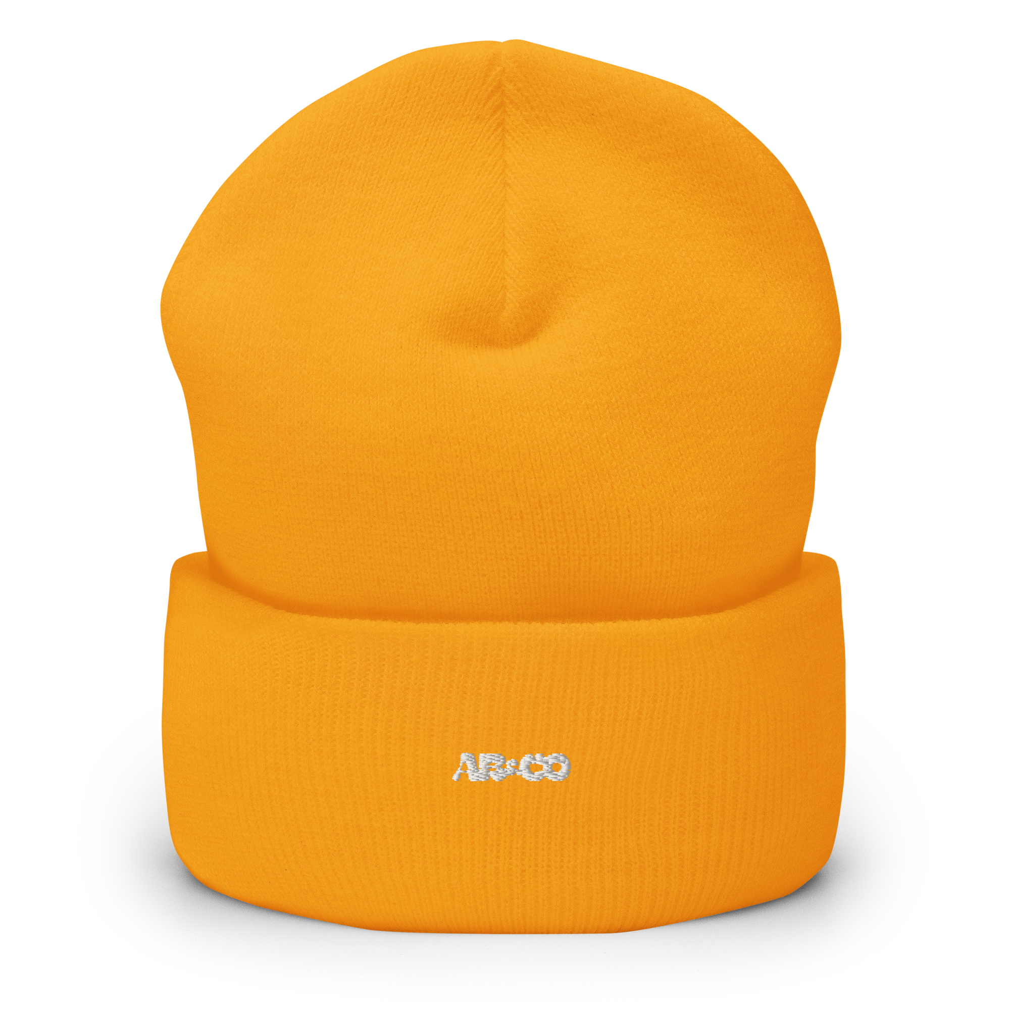 Cuffed knit beanie in gold with embroidered logo, soft ribbed texture, designed for warmth and everyday streetwear.