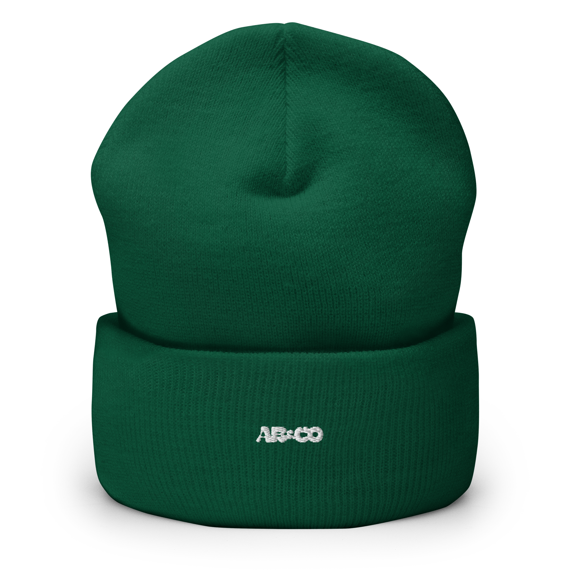 Cuffed knit beanie in green with embroidered logo, soft ribbed texture, designed for warmth and everyday streetwear.