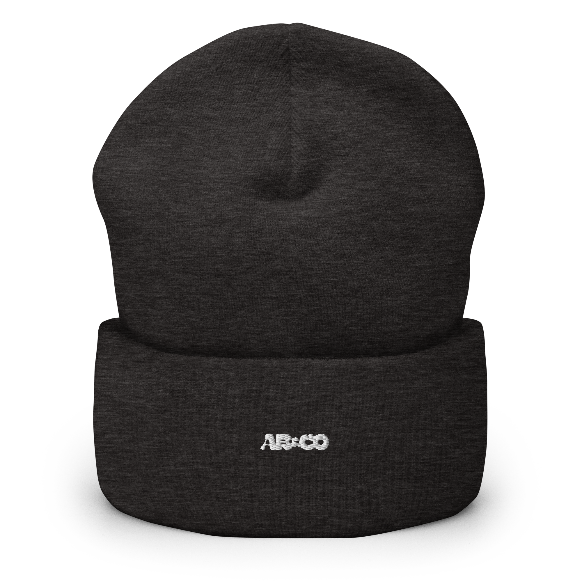 Cuffed knit beanie in grey with embroidered logo, soft ribbed texture, designed for warmth and everyday streetwear.