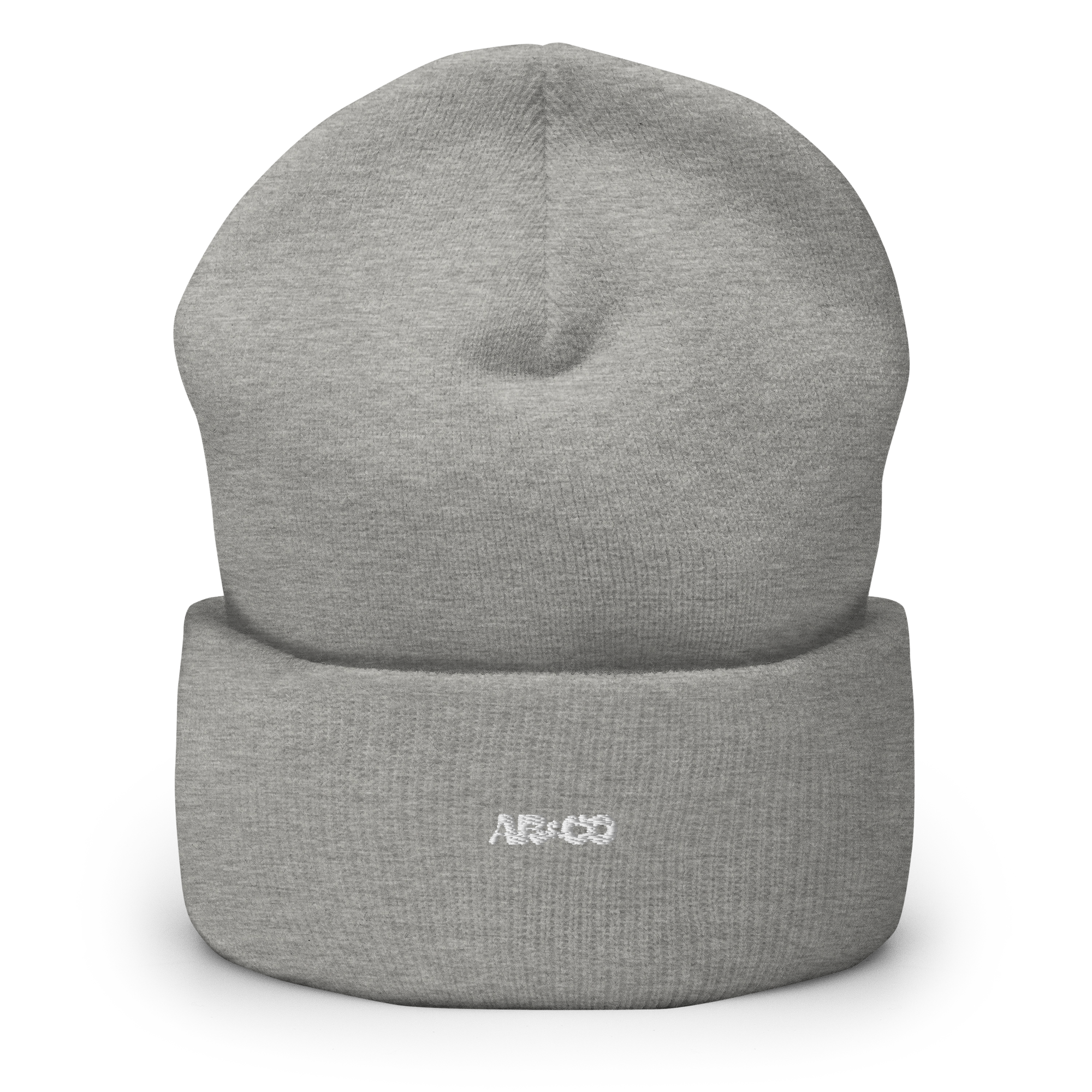 Cuffed knit beanie in Grey with embroidered logo, soft ribbed texture, designed for warmth and everyday streetwear.