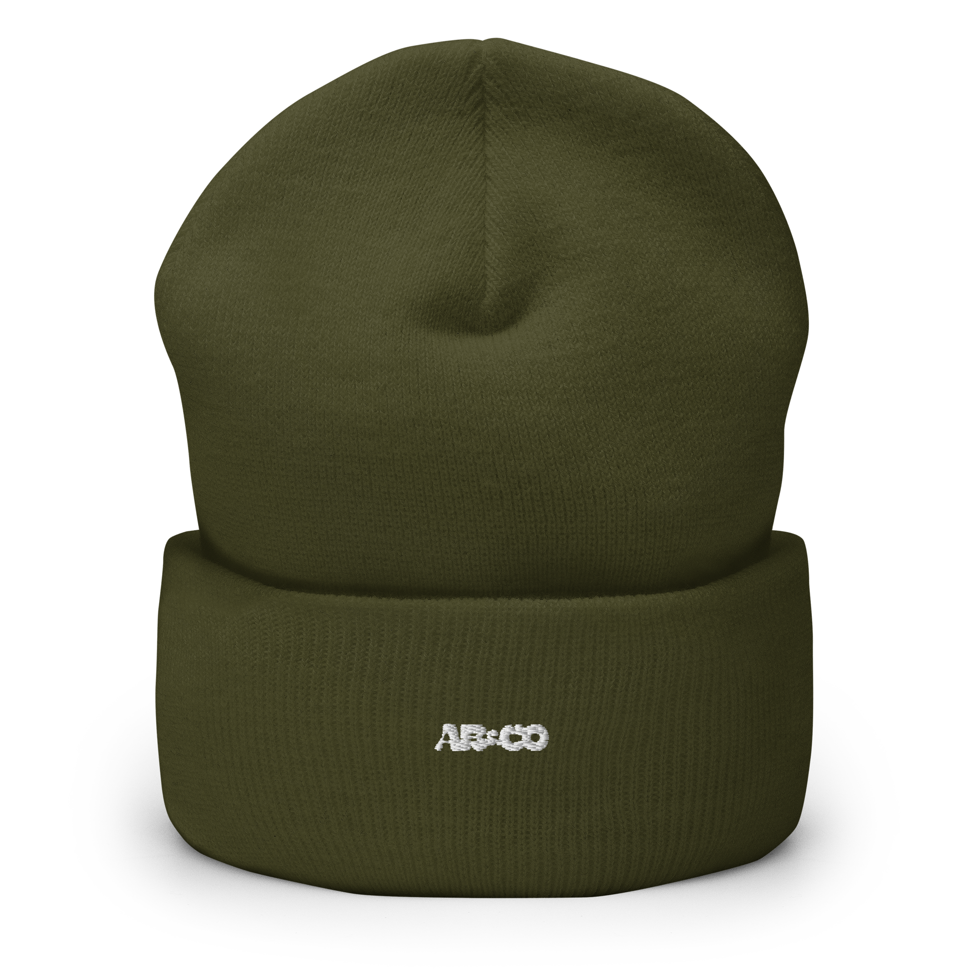 Cuffed knit beanie in olive with embroidered logo, soft ribbed texture, designed for warmth and everyday streetwear.