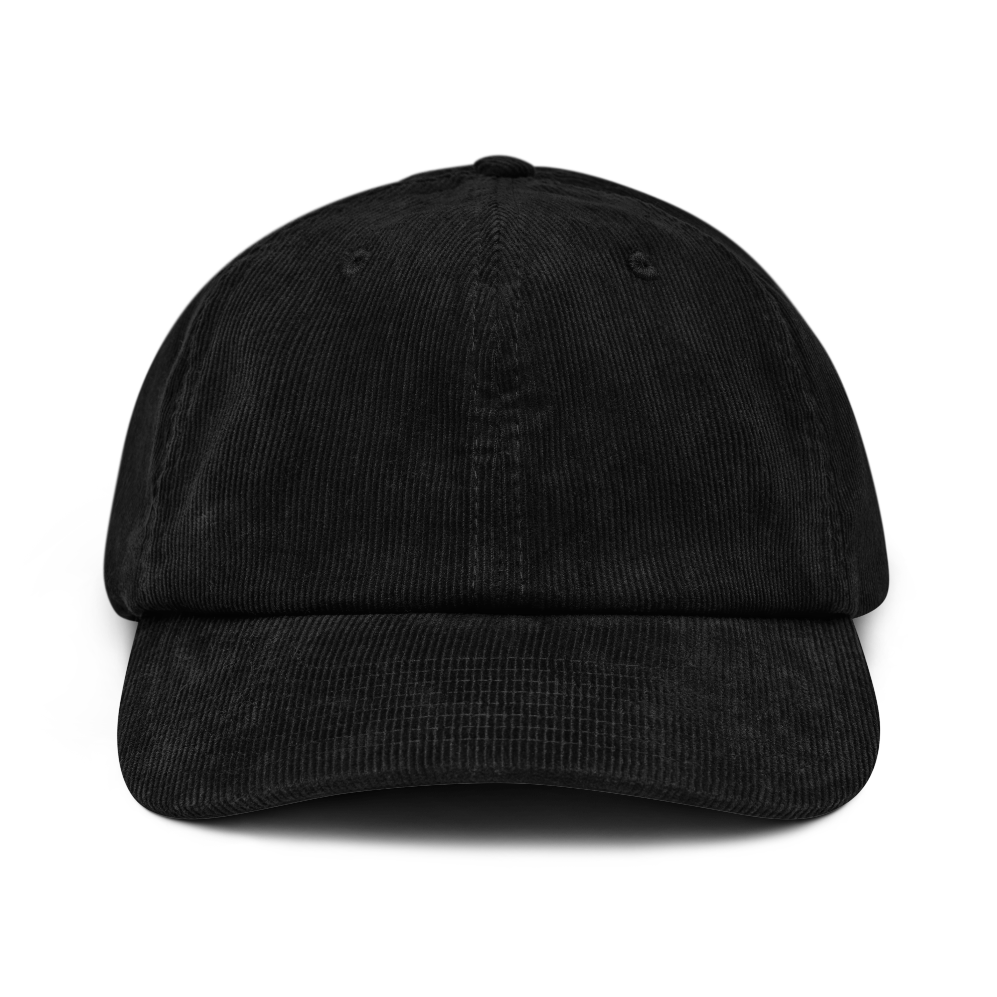 Corduroy hat in Black with embroidered logo, curved brim, and adjustable strap, perfect for minimal streetwear style.