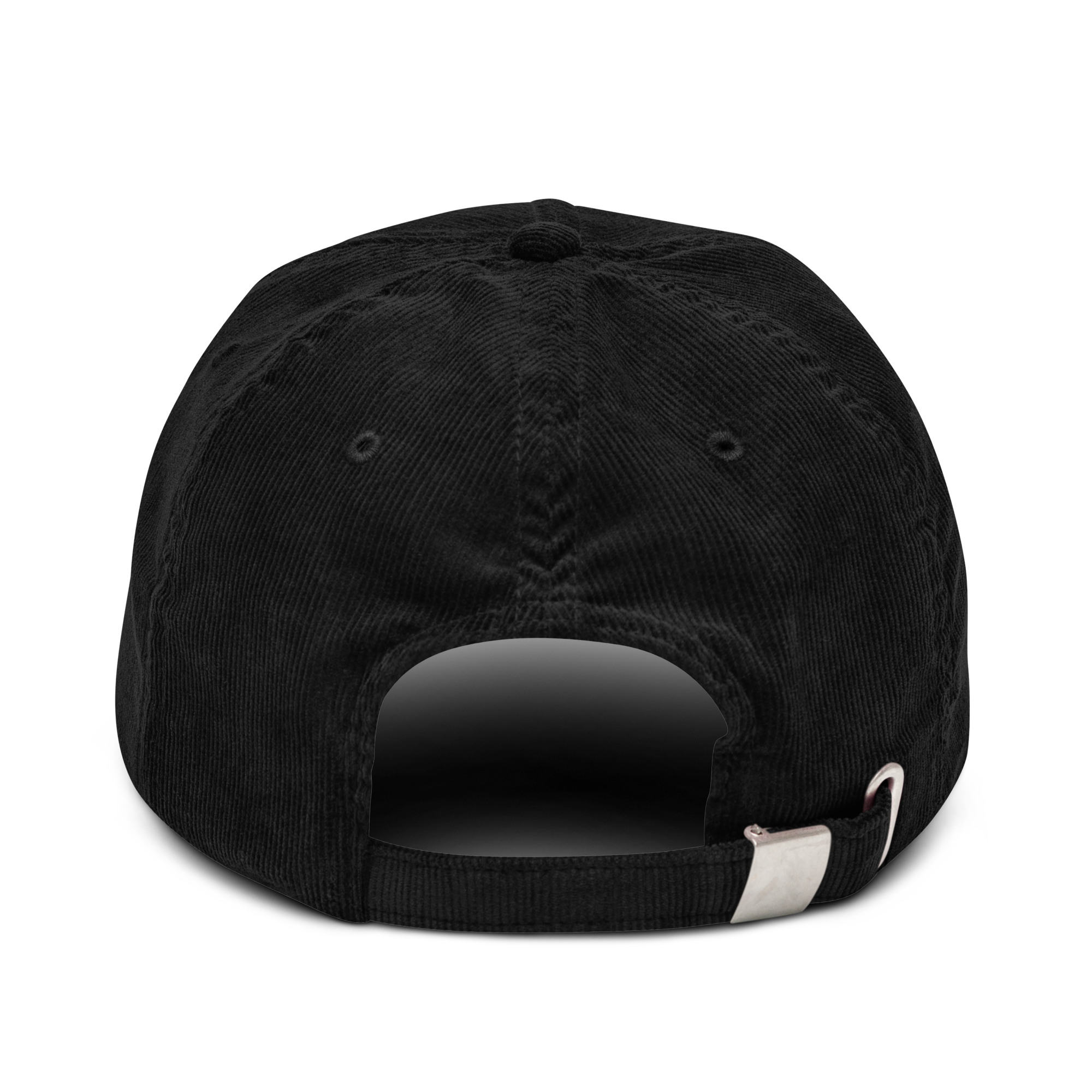 Corduroy hat in Black with embroidered logo, curved brim, and adjustable strap, perfect for minimal streetwear style.