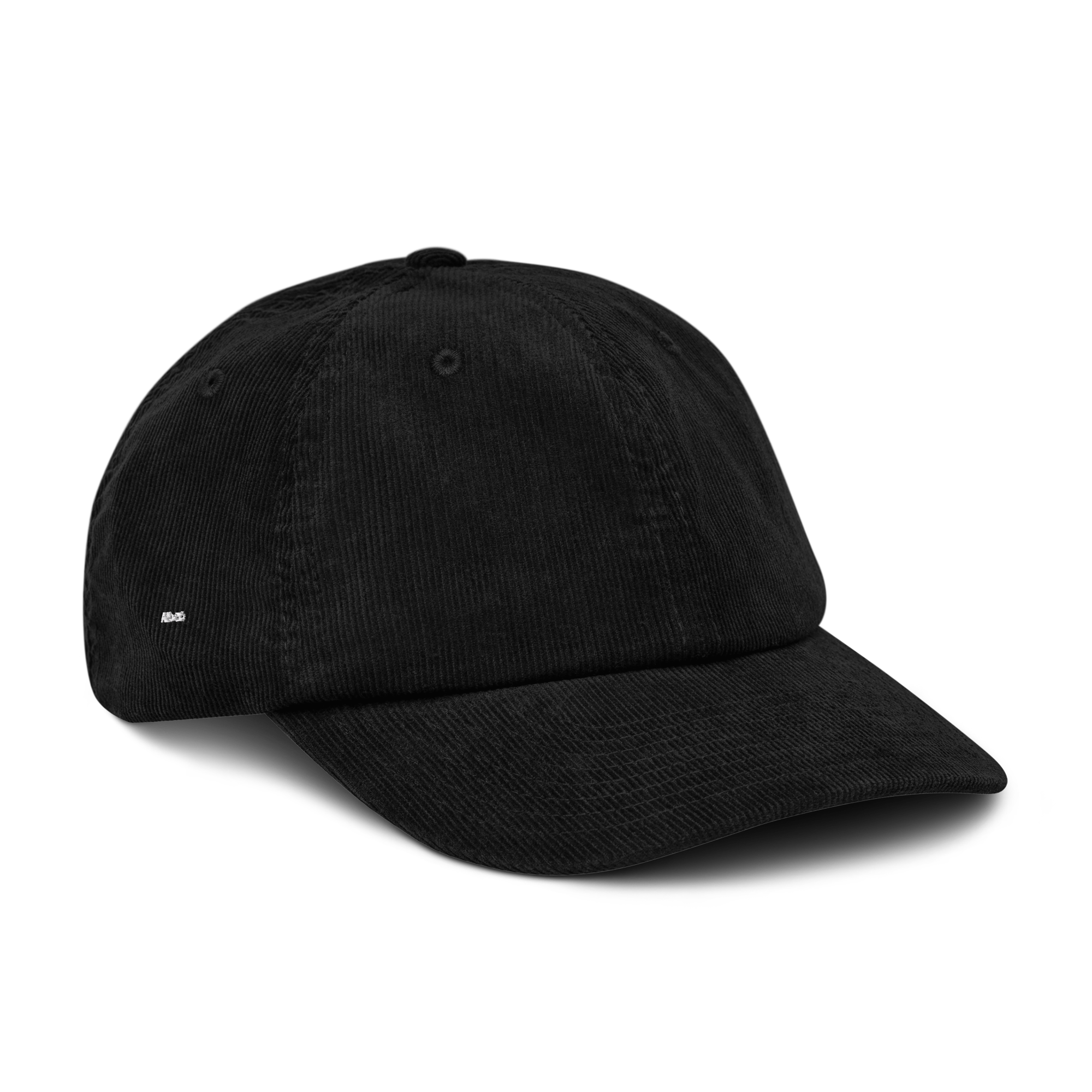 Corduroy hat in Black with embroidered logo, curved brim, and adjustable strap, perfect for minimal streetwear style.