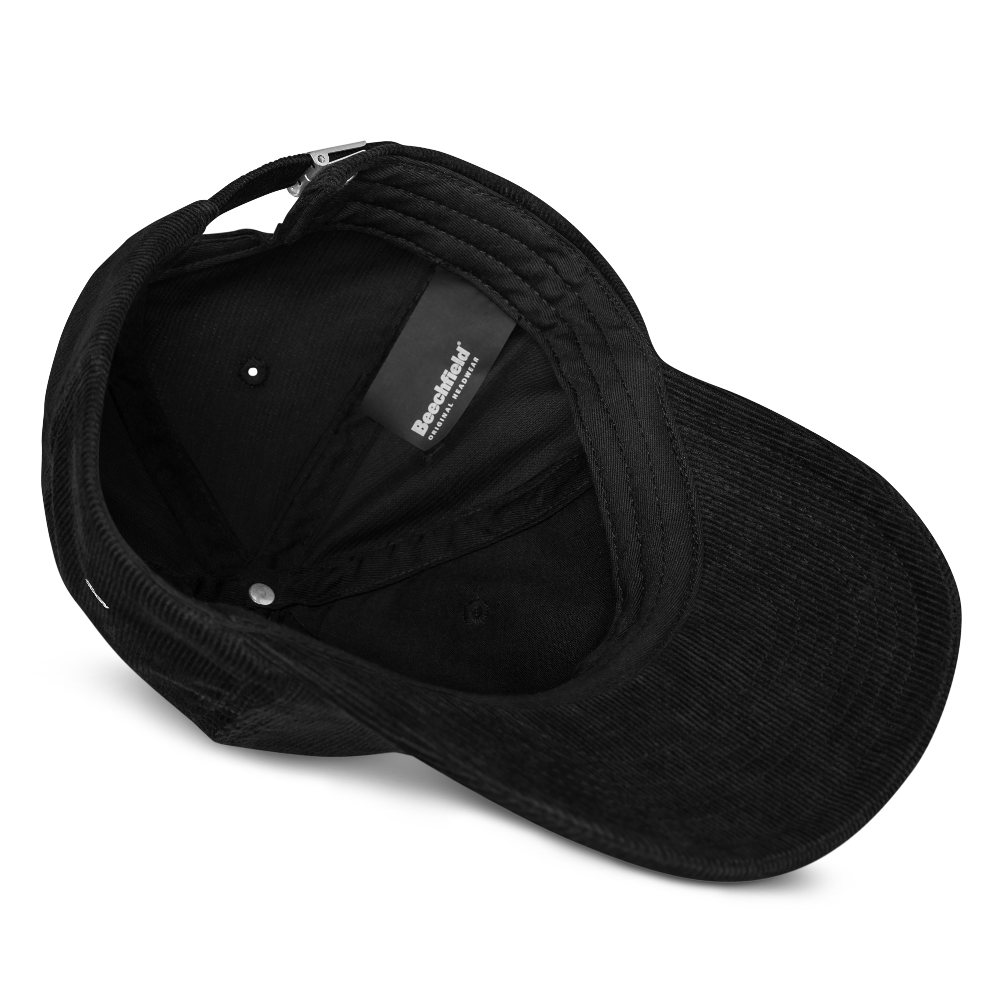 Corduroy hat in Black with embroidered logo, curved brim, and adjustable strap, perfect for minimal streetwear style.