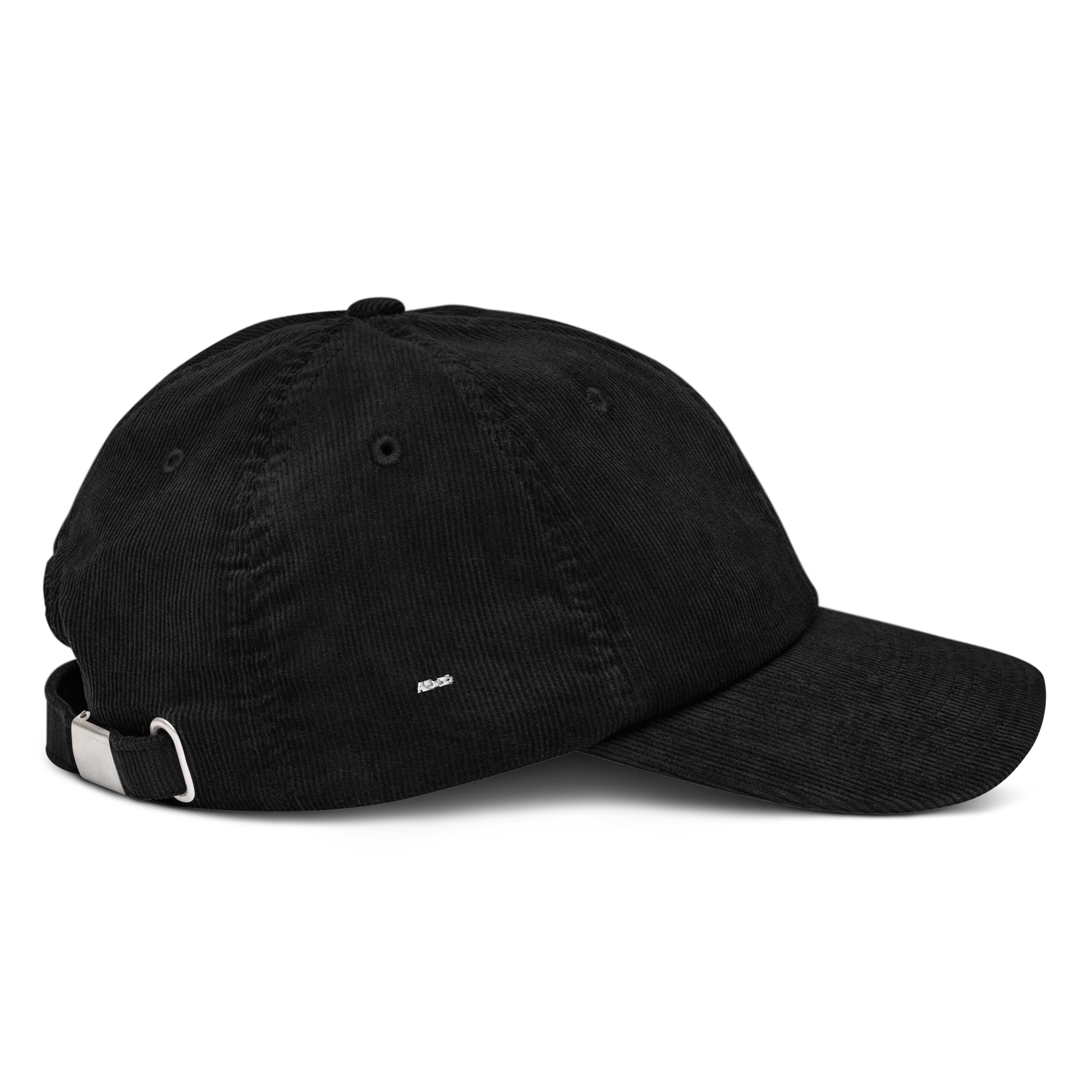 Corduroy hat in Black with embroidered logo, curved brim, and adjustable strap, perfect for minimal streetwear style.