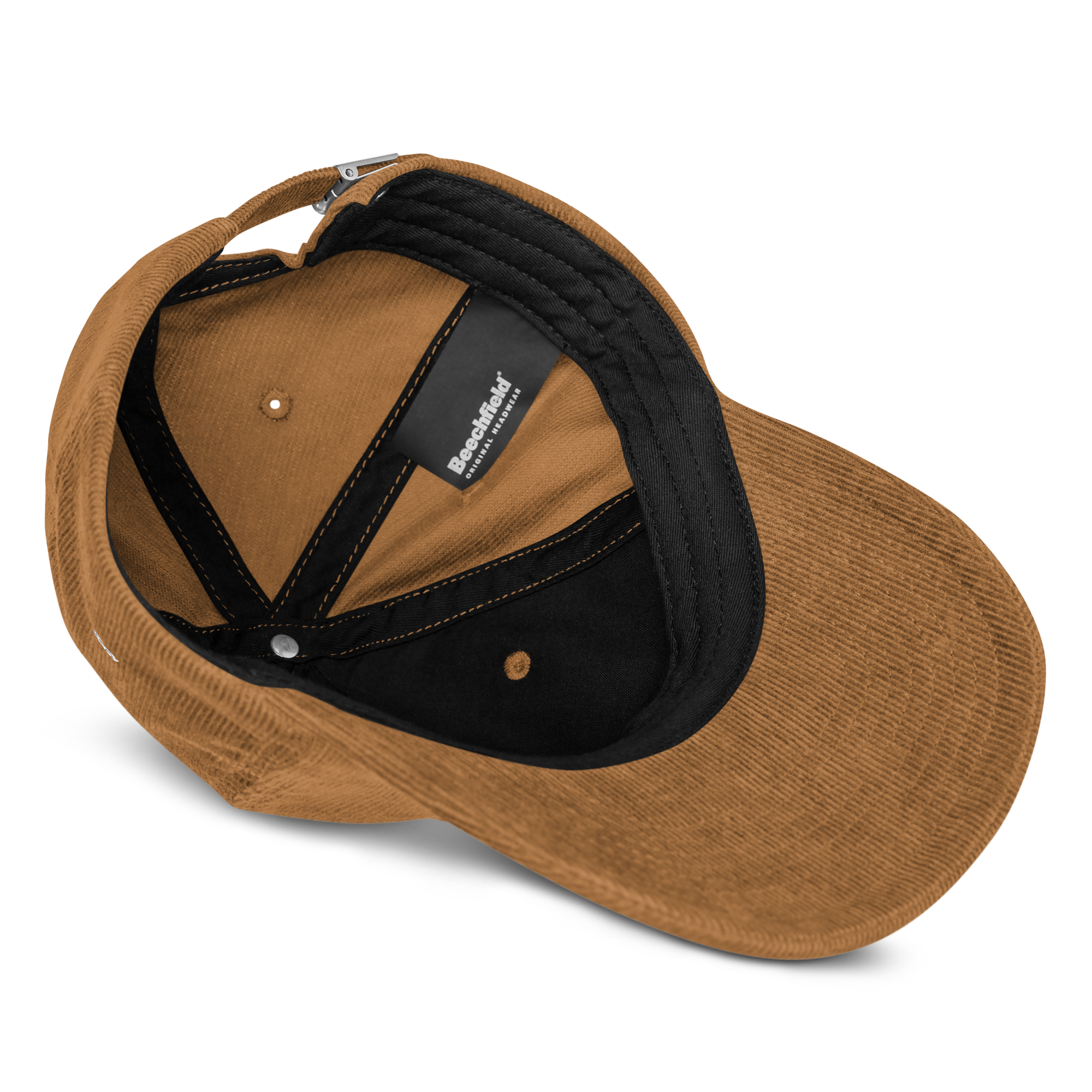 Corduroy hat in Camel with embroidered logo, curved brim, and adjustable strap for everyday wear.