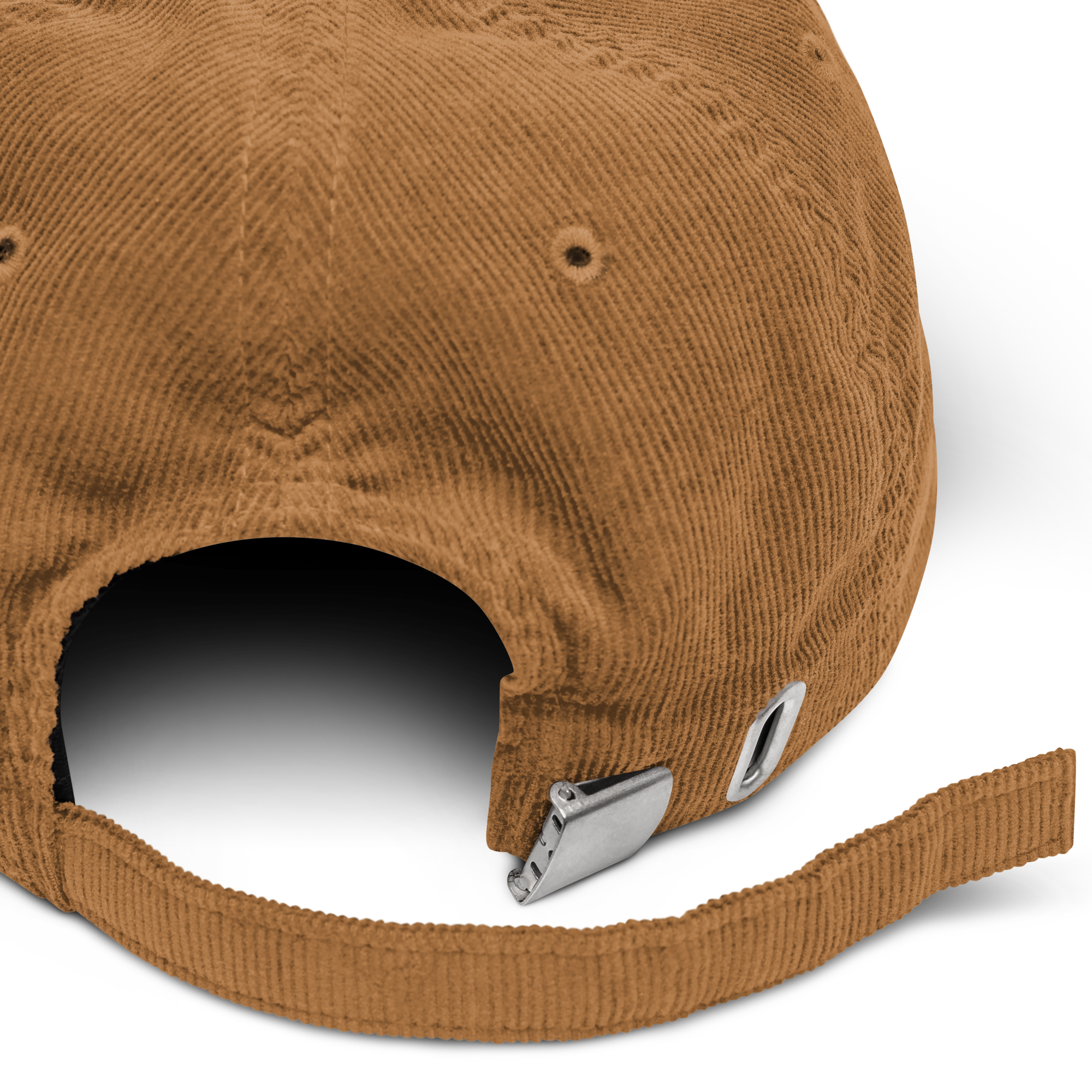 Corduroy hat in Camel with embroidered logo, curved brim, and adjustable strap for everyday wear.