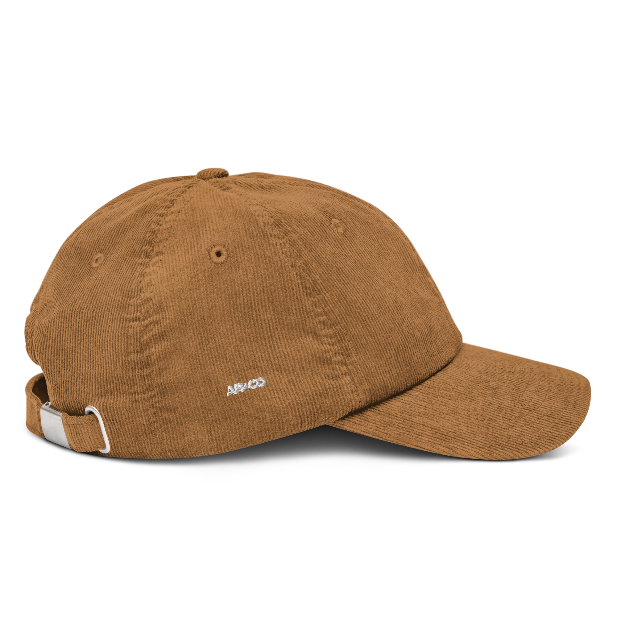 Corduroy hat in Camel with embroidered logo, curved brim, and adjustable strap for everyday wear.