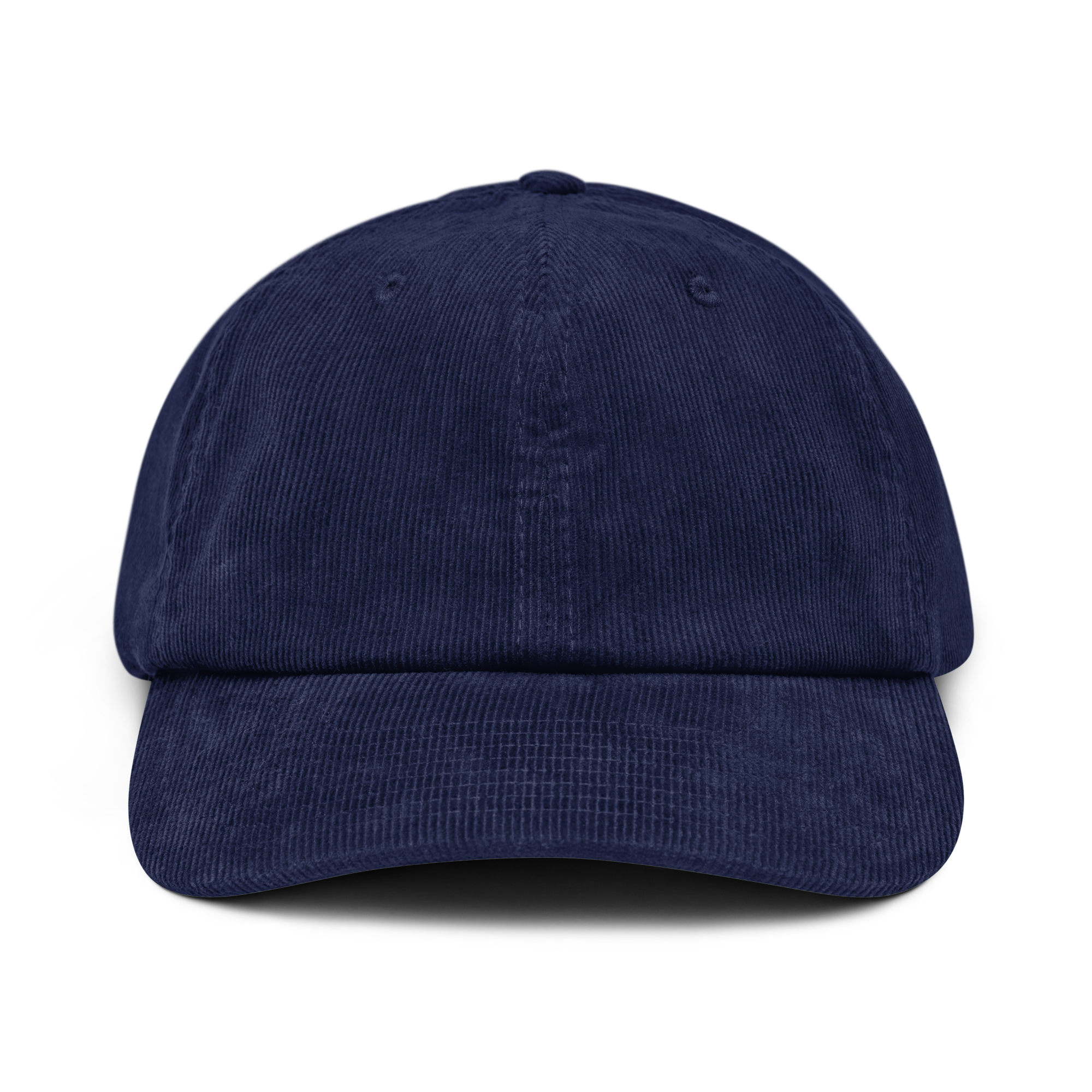 Corduroy hat in Navy with embroidered logo, curved brim, and adjustable strap, perfect for minimal streetwear style.