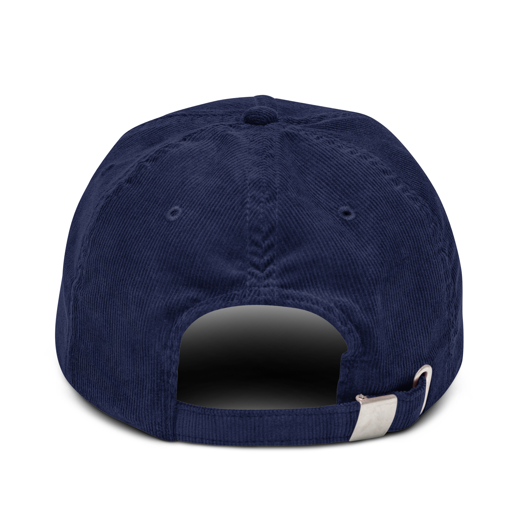 Corduroy hat in Navy with embroidered logo, curved brim, and adjustable strap, perfect for minimal streetwear style