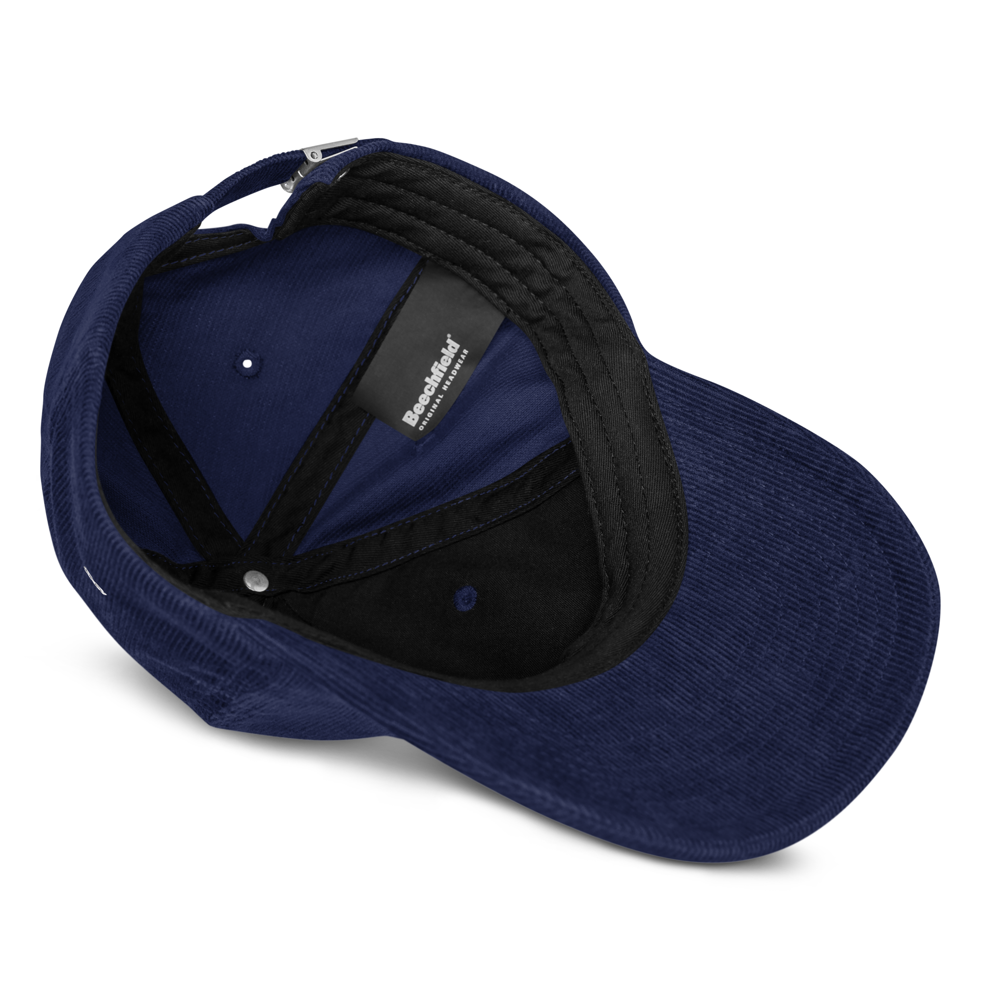 Corduroy hat in Navy with embroidered logo, curved brim, and adjustable strap, perfect for minimal streetwear style
