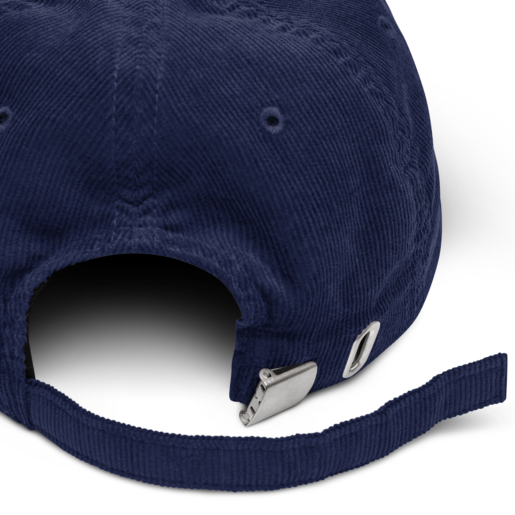 Corduroy hat in Navy with embroidered logo, curved brim, and adjustable strap, perfect for minimal streetwear style. 