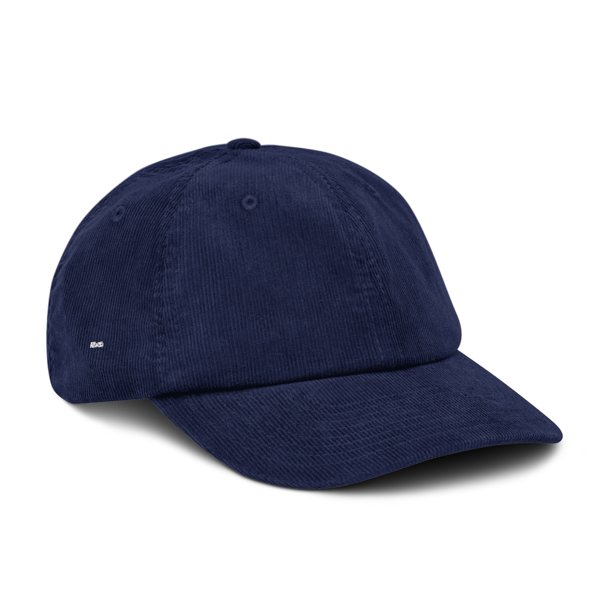 Corduroy hat in Navy with embroidered logo, curved brim, and adjustable strap, perfect for minimal streetwear style.