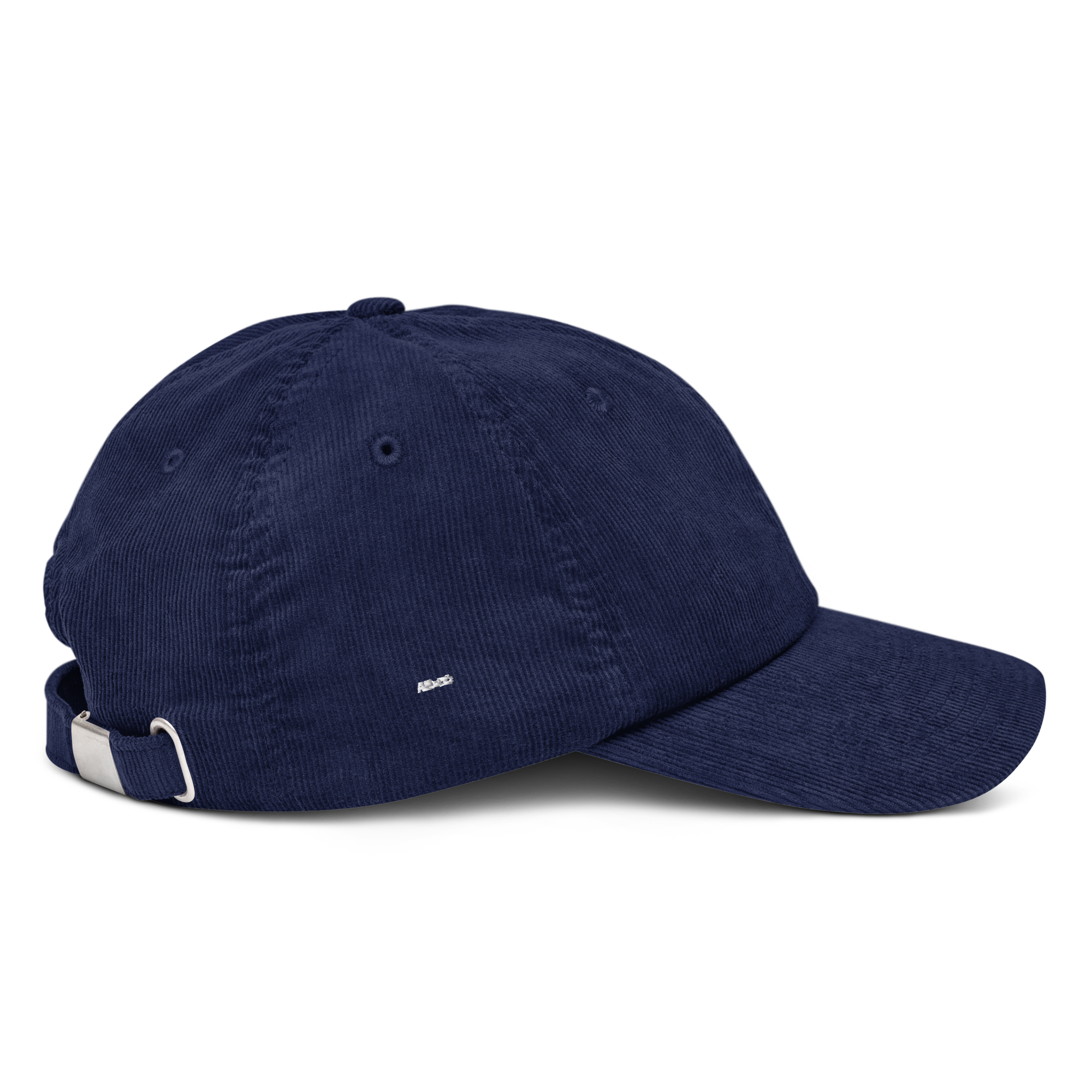 Corduroy hat in Navy with embroidered logo, curved brim, and adjustable strap, perfect for minimal streetwear style.