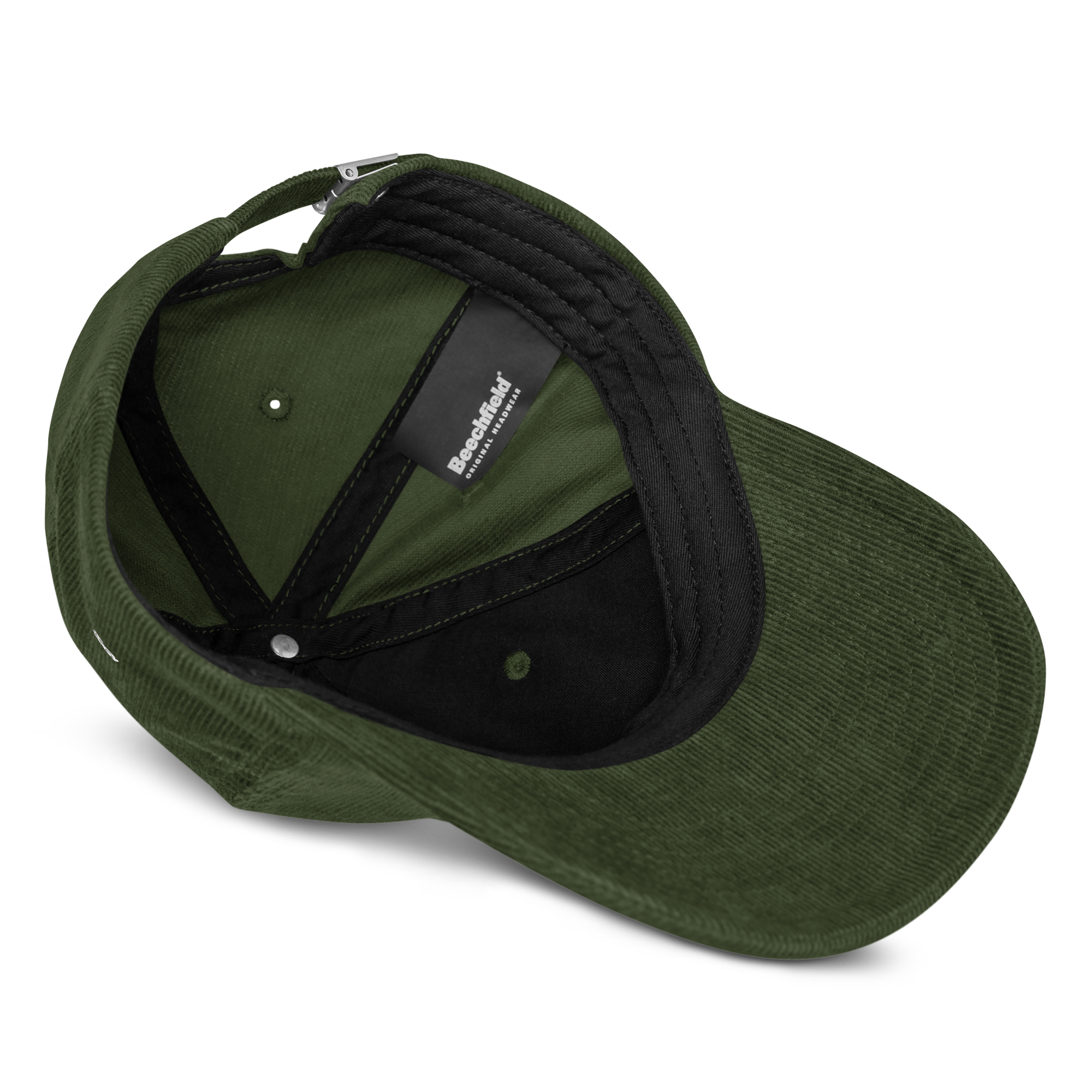 Corduroy hat in Olive with embroidered logo, curved brim, and adjustable strap for everyday wear.