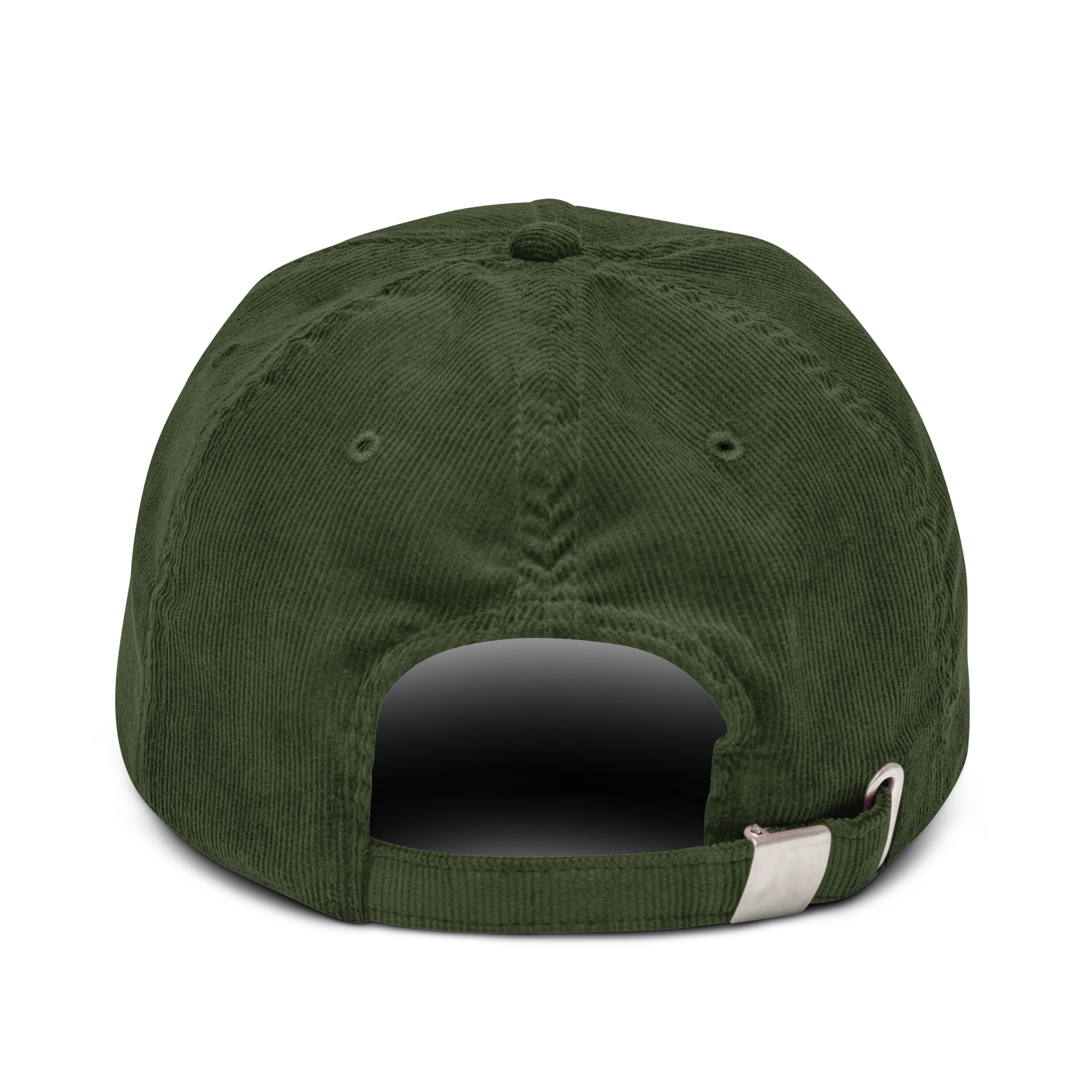 Corduroy hat in Olive with embroidered logo, curved brim, and adjustable strap for everyday wear.