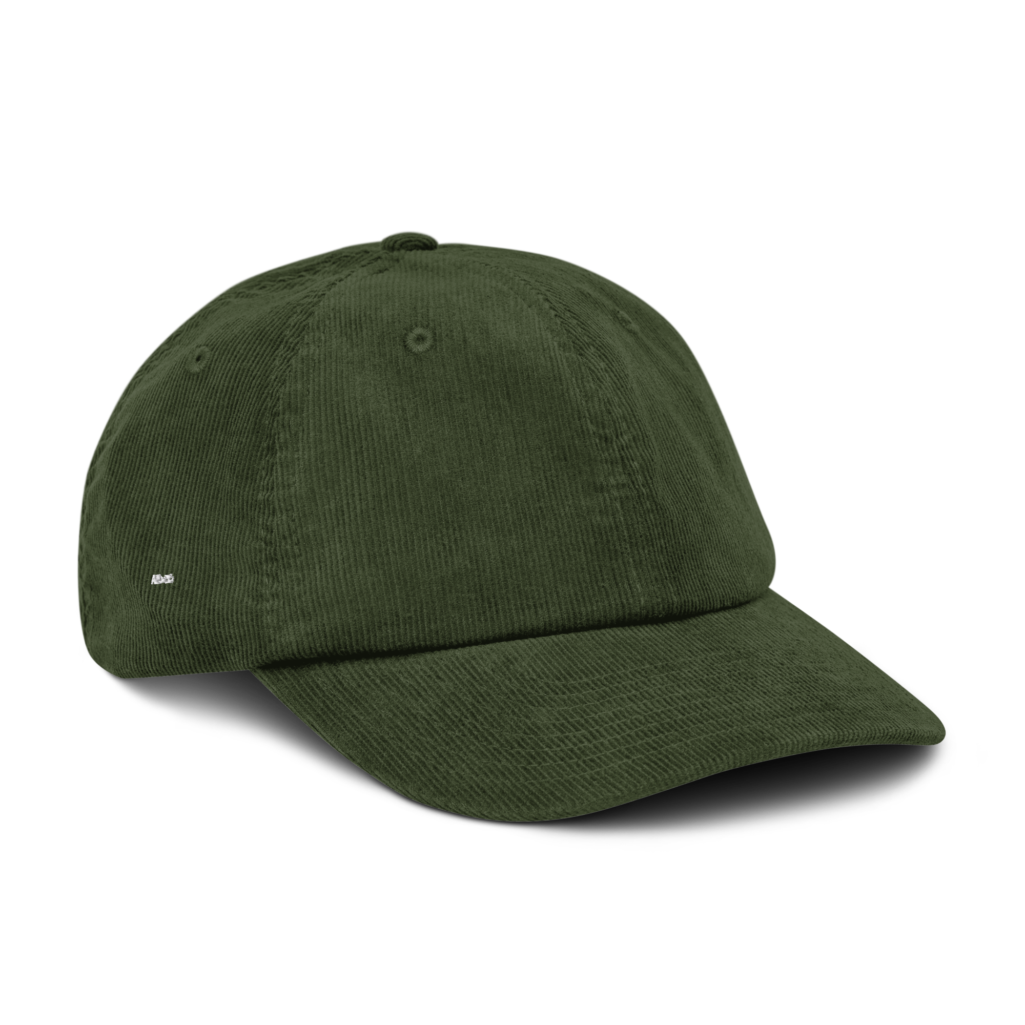 Corduroy hat in Olive with embroidered logo, curved brim, and adjustable strap for everyday wear.