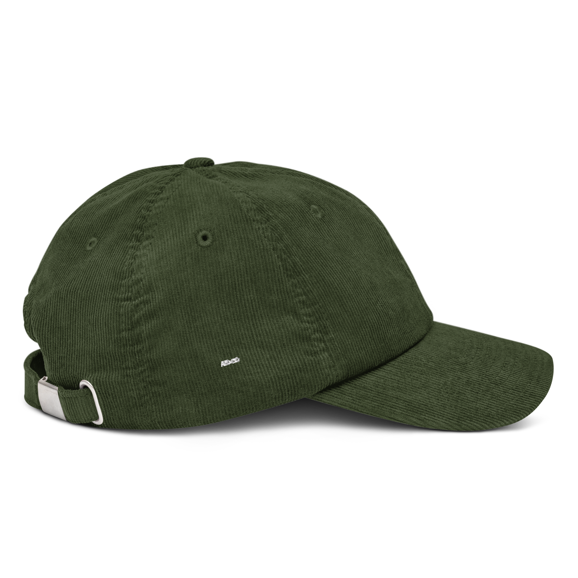 Corduroy hat in Olive with embroidered logo, curved brim, and adjustable strap for everyday wear.