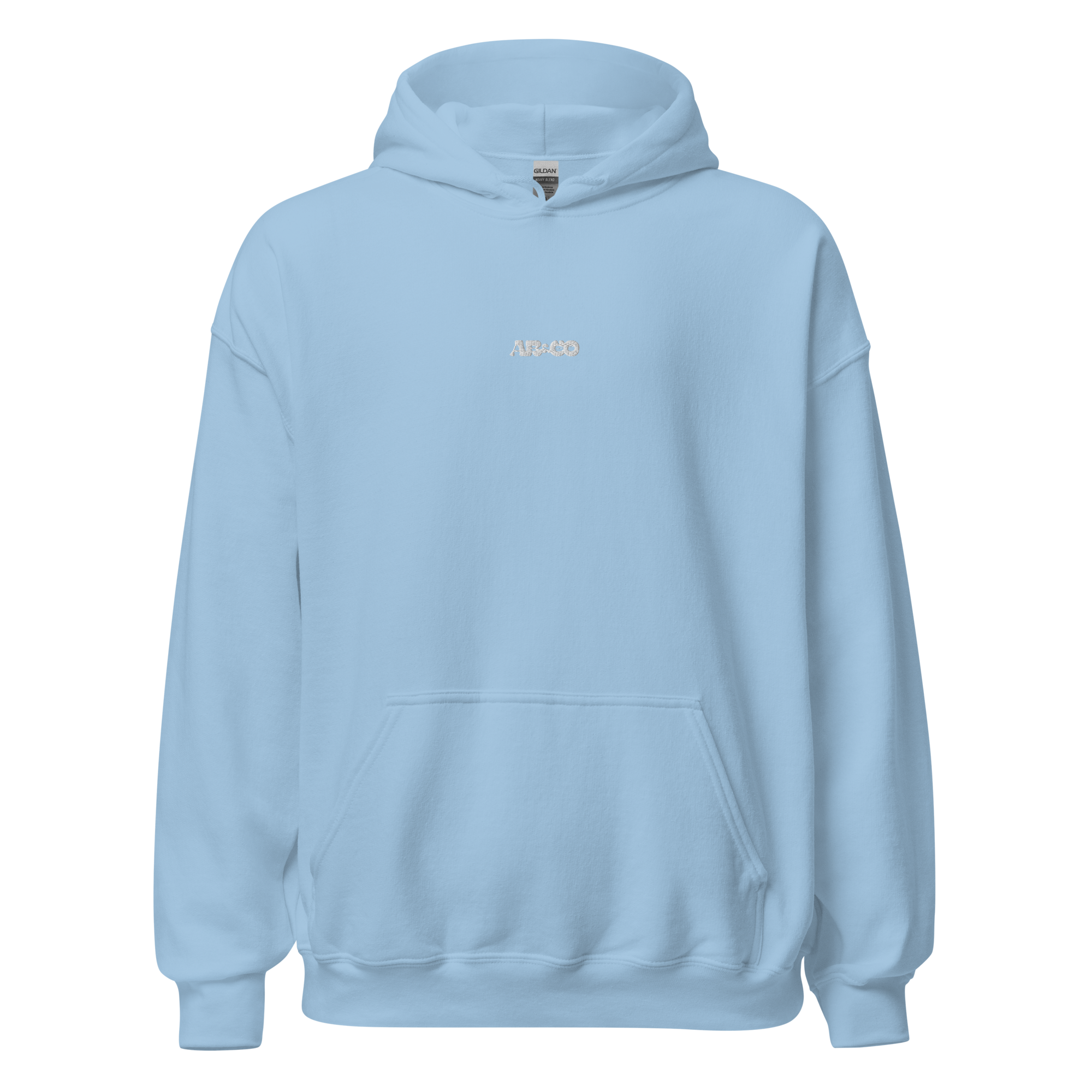 Light blue embroidered hoodie with soft interior, structured fit, and minimal streetwear design.