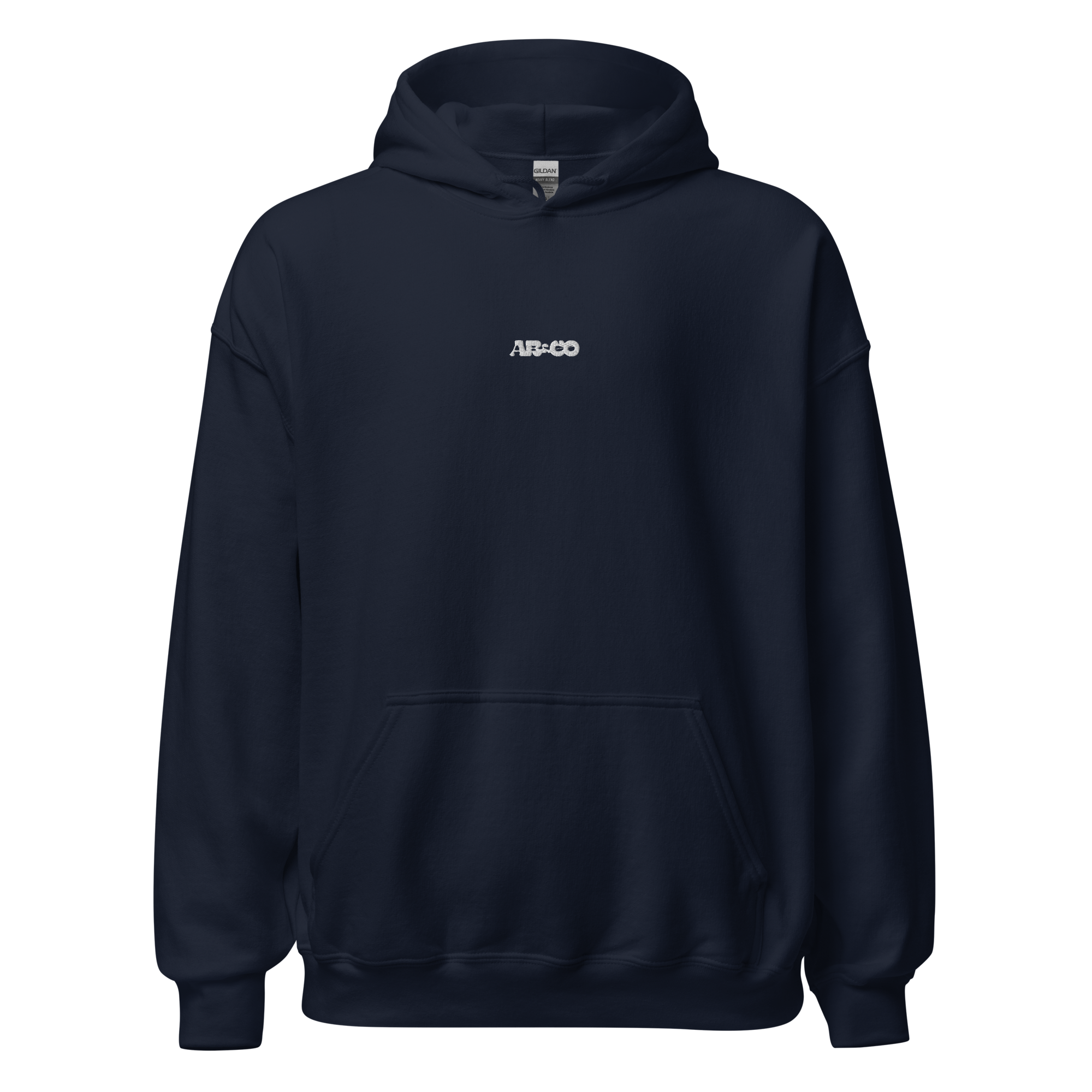 Navy embroidered hoodie with soft interior, structured fit, and minimal streetwear design.