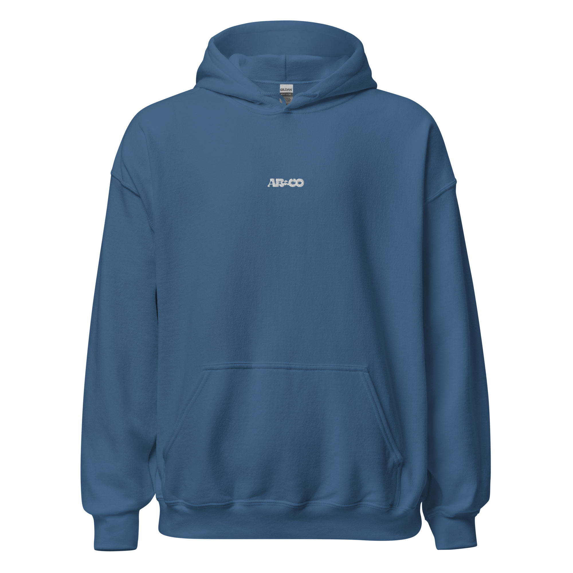 Blue embroidered hoodie with soft interior, structured fit, and minimal streetwear design.