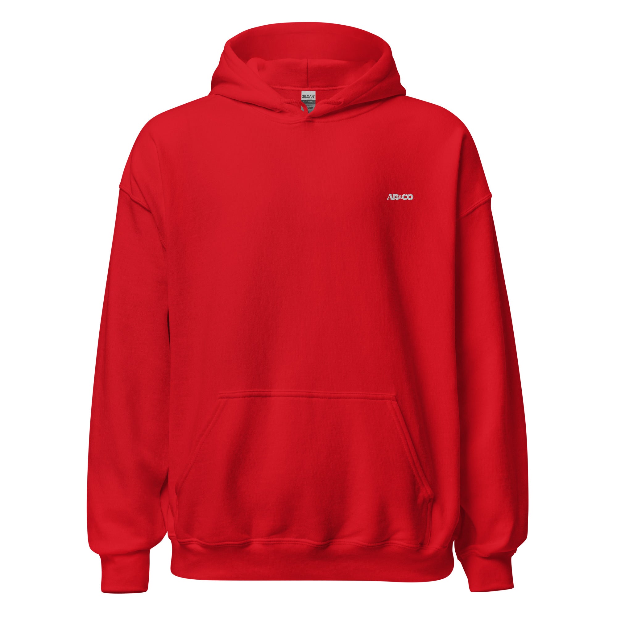 Red embroidered hoodie featuring soft interior, premium comfort, and structured streetwear fit.