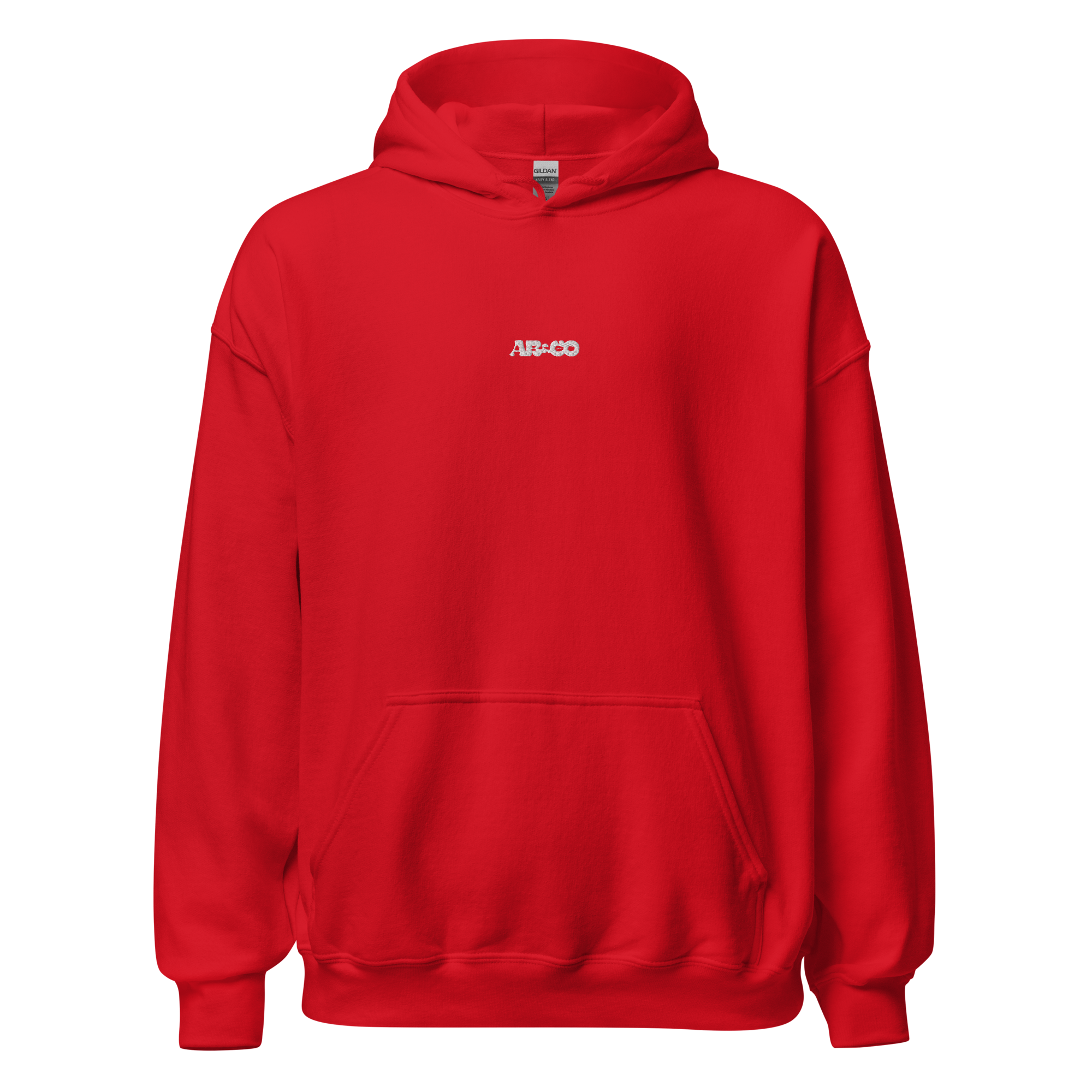 Red embroidered hoodie with soft interior, structured fit, and minimal streetwear design.