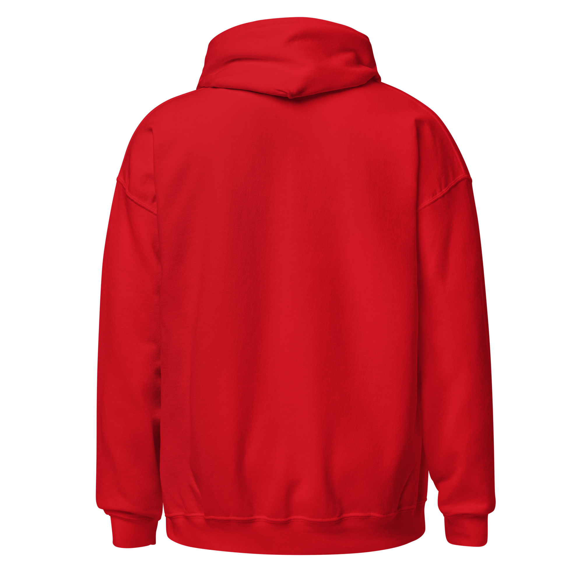Red embroidered hoodie with soft interior, structured fit, and minimal streetwear design.