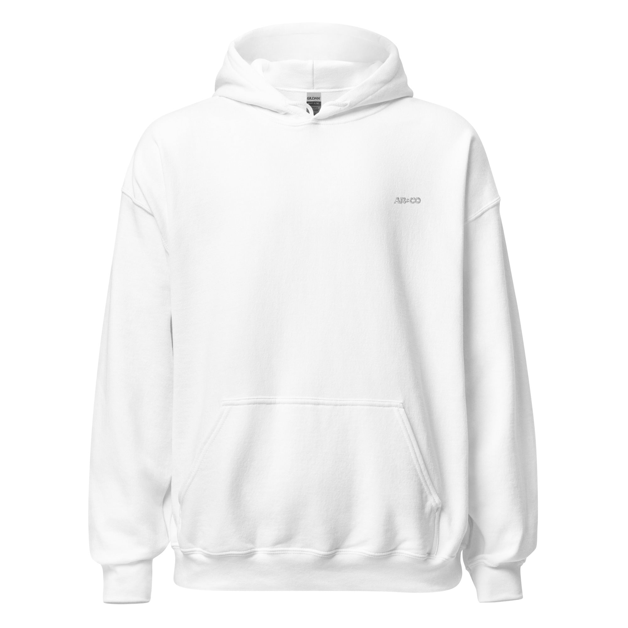 White embroidered hoodie featuring soft interior, premium comfort, and structured streetwear fit.