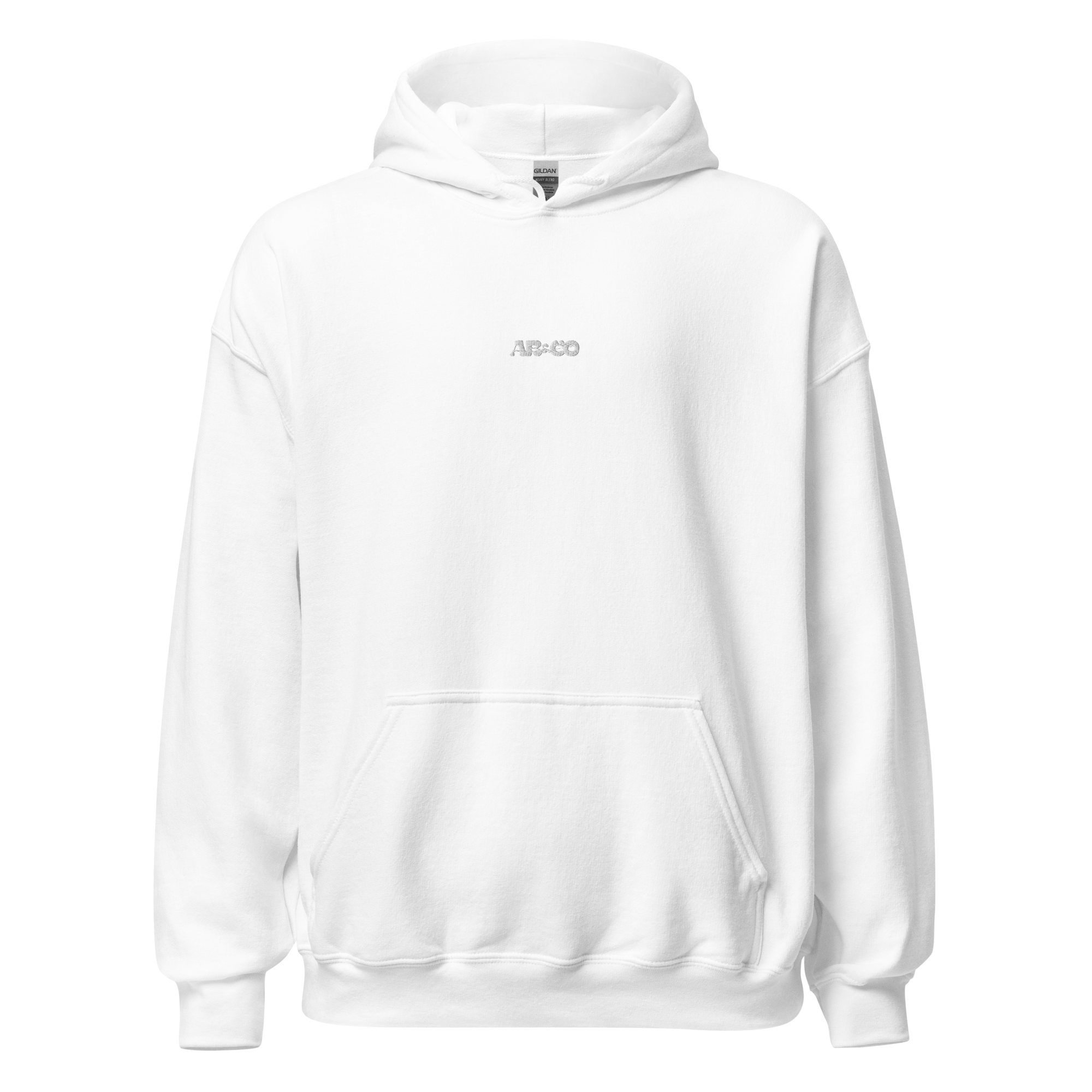 White embroidered hoodie with soft interior, structured fit, and clean minimal streetwear style.