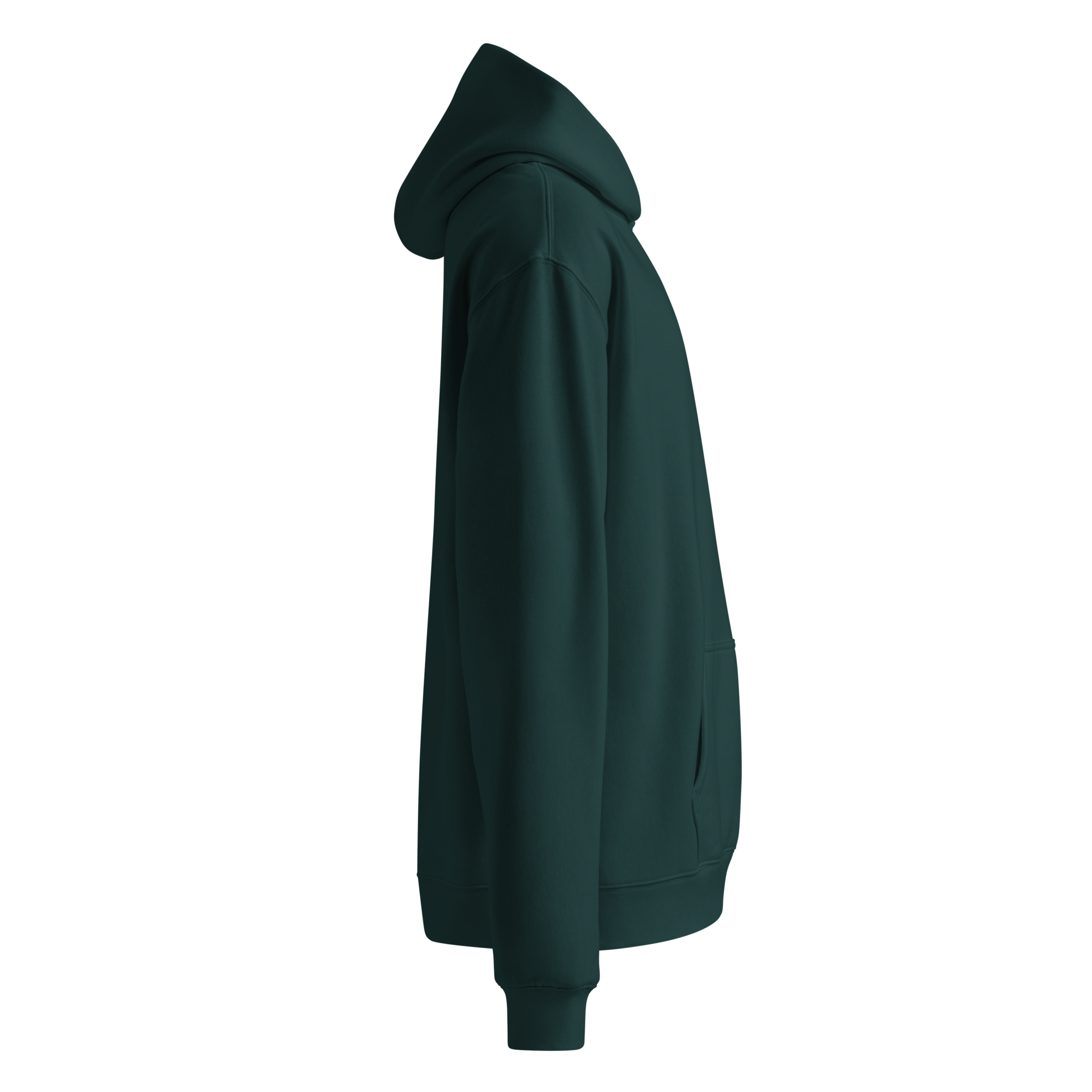 Heavyweight oversized hoodie in Alpine Green with dropped shoulders, double-layer hood, and ribbed cuffs, designed for streetwear and everyday comfort.