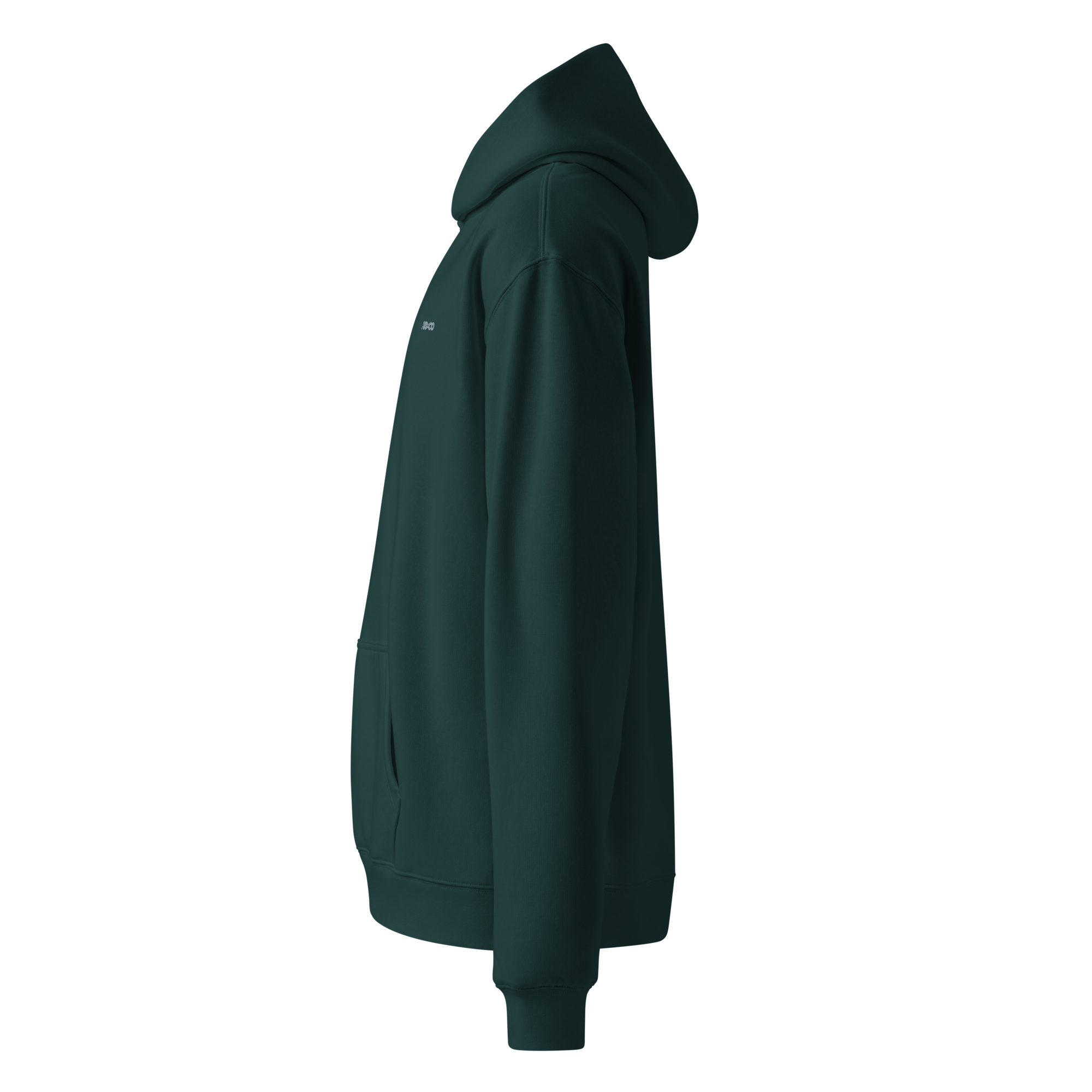 Heavyweight oversized hoodie in Alpine Green with dropped shoulders, double-layer hood, and ribbed cuffs, designed for streetwear and everyday comfort.