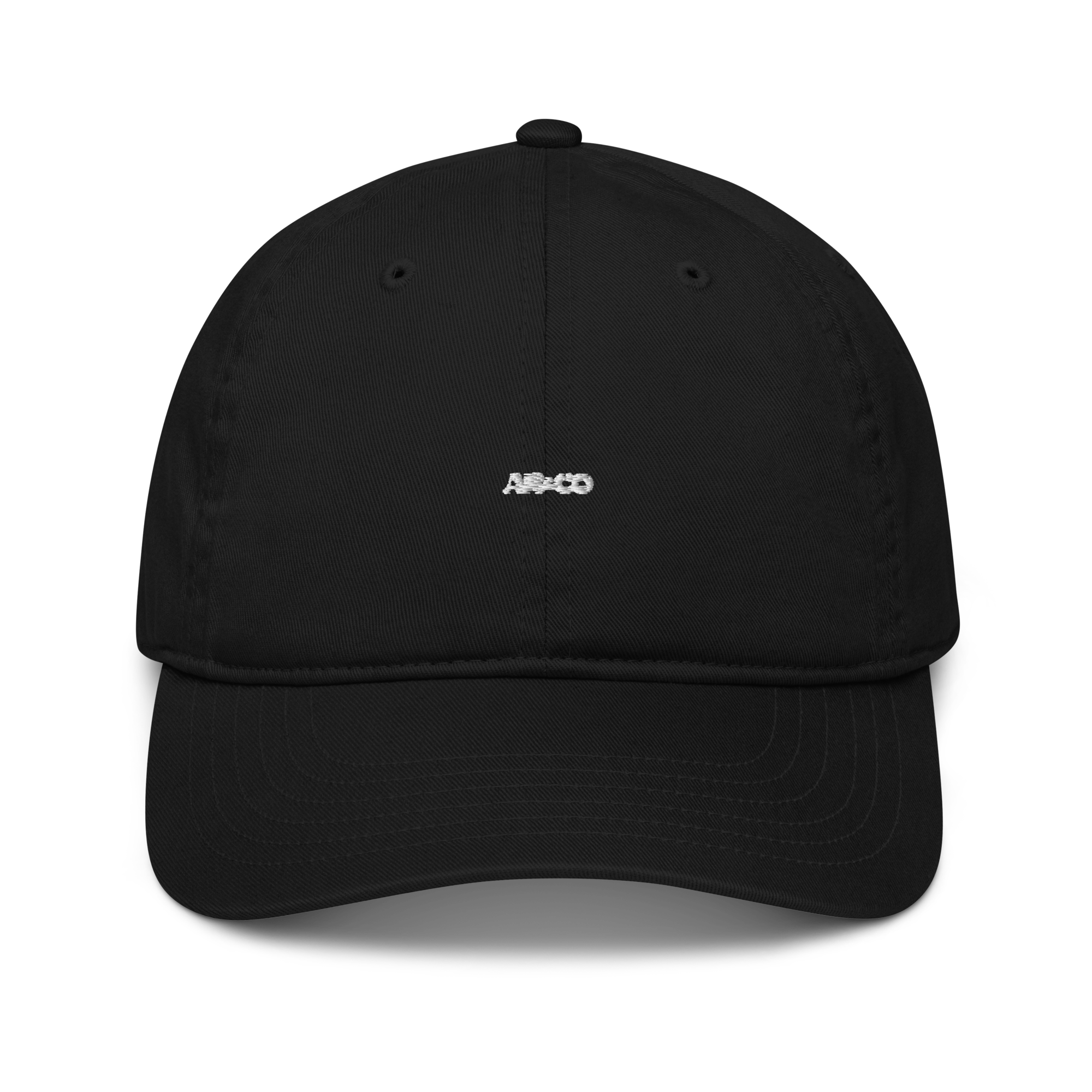 Organic cotton dad hat in Black with embroidered logo, curved brim, and adjustable strap for a relaxed streetwear fit.