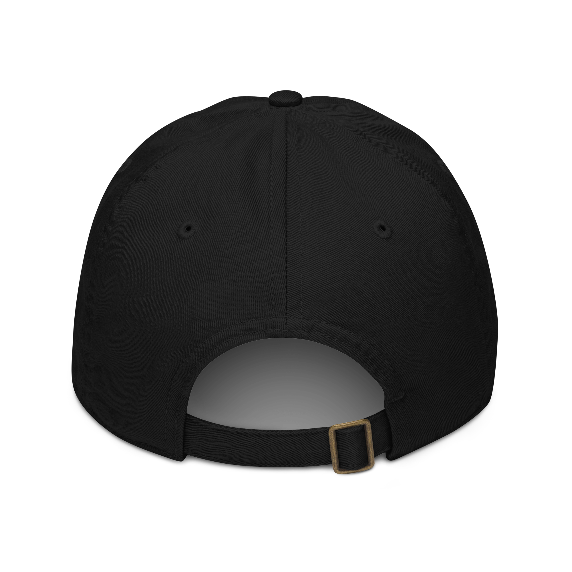 Organic cotton dad hat in Black with embroidered logo, curved brim, and adjustable strap for a relaxed streetwear fit.